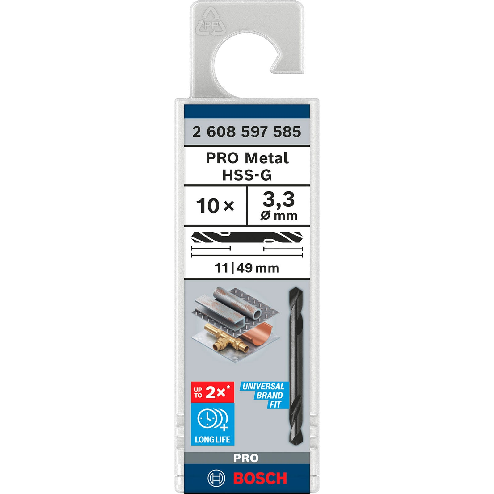 Bosch PRO Metal HSS-G Bohrerverpackung mit zehn 3,3 mm Bohrern, Maßen und Aufhängehaken.