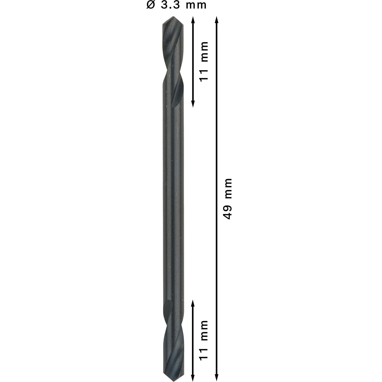 Technische Zeichnung eines 3,3-mm-Bohrer mit Längen- und Durchmessermaßen auf weißem Hintergrund.