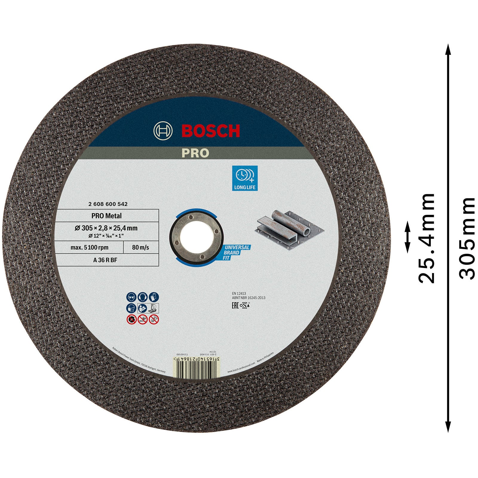 Bosch PRO Metal Trennscheibe, 305 mm Durchmesser, mit technischen Daten.