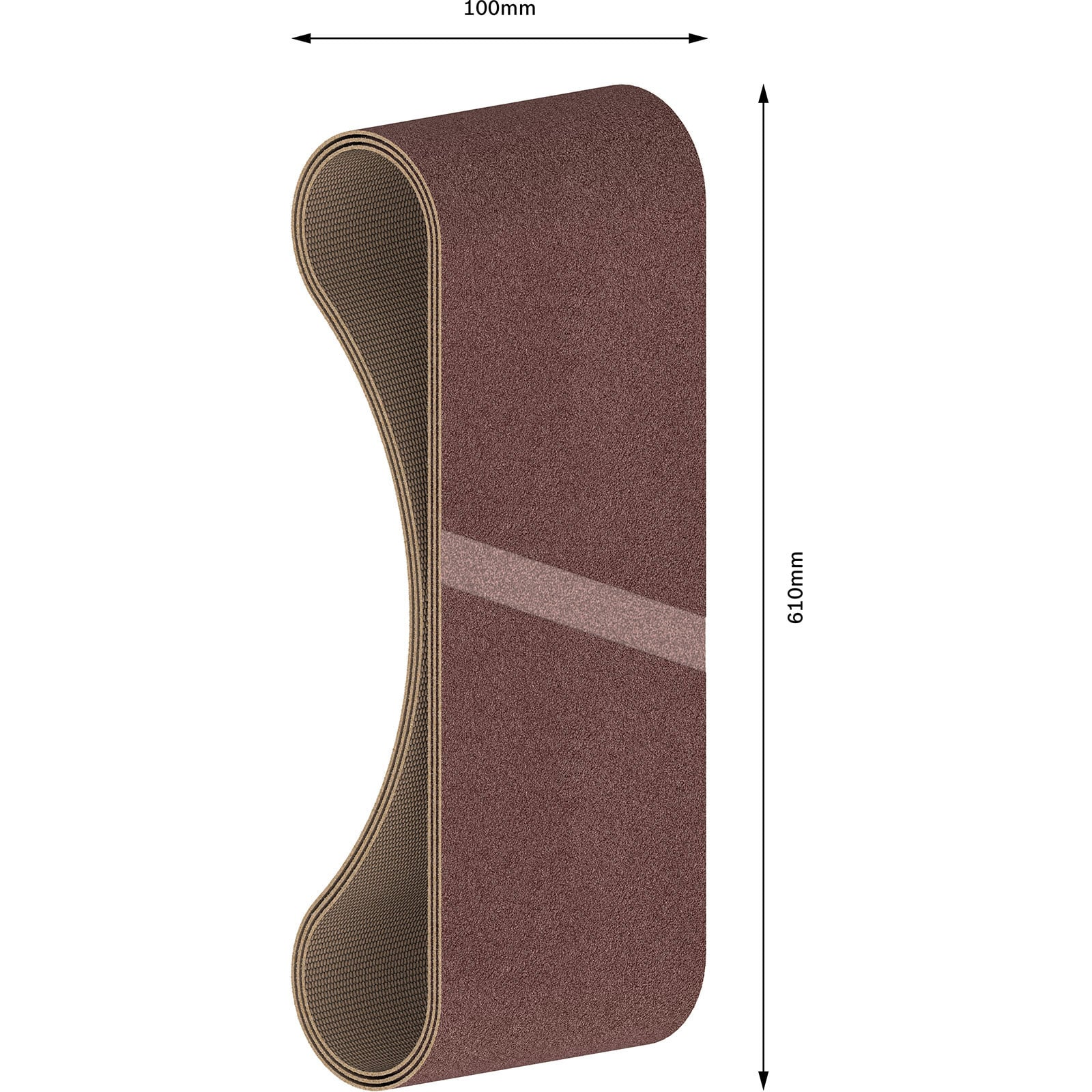 Braunes Schleifband mit 100mm Breite und 610mm Länge auf weißem Hintergrund.