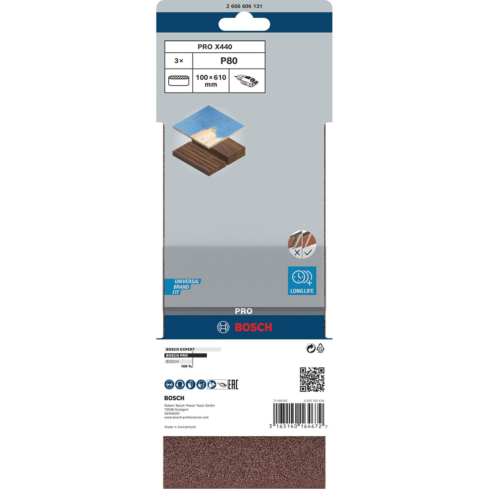 Verpackung für drei Bosch PRO X440 P80 Schleifbänder, 100x610 mm, mit Marken- und Produktdetails.