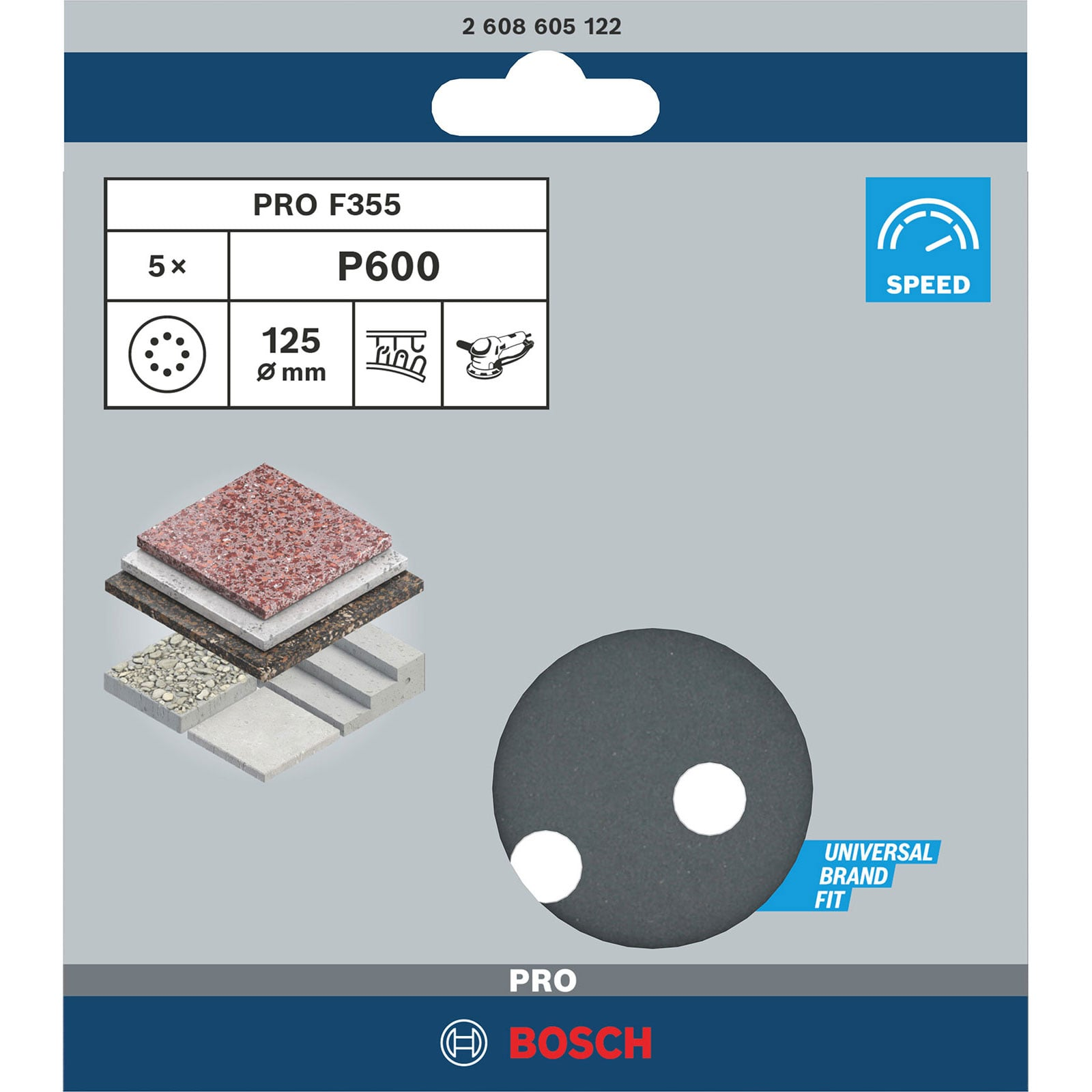 Bosch PRO F355 P600 125mm Schleifscheibenverpackung mit Materialschichten.