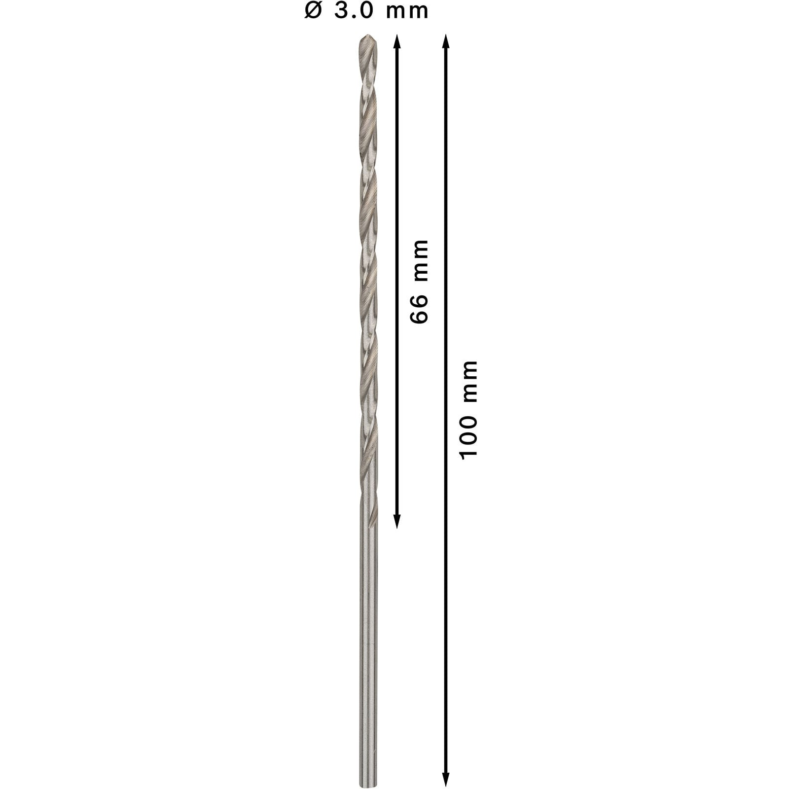 Technische Zeichnung eines 3,0 mm dicken, 100 mm langen Spiralbohrers.