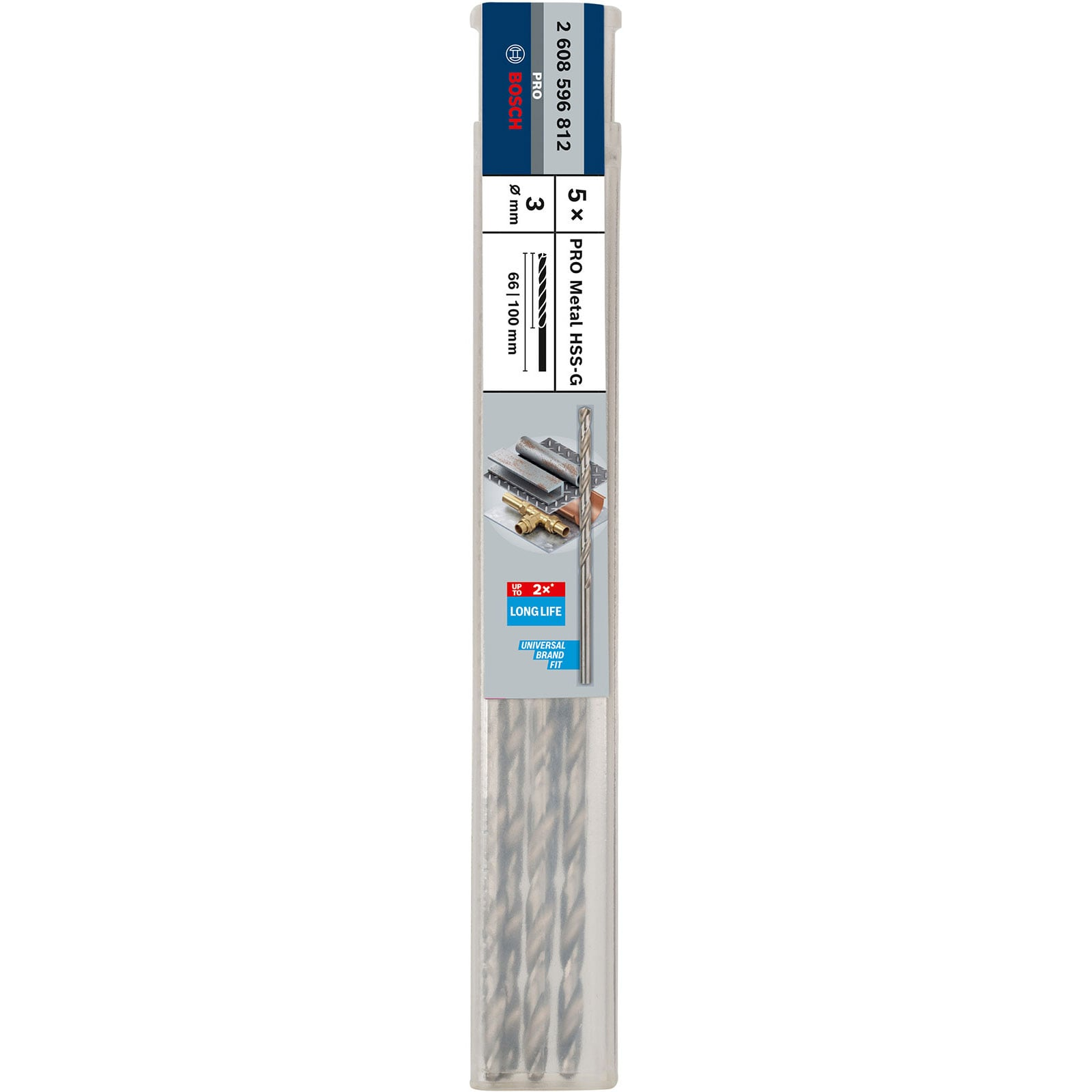 Packung mit fünf Bosch HSS-G Metallbohrern, 3 mm Durchmesser, in transparenter Verpackung.