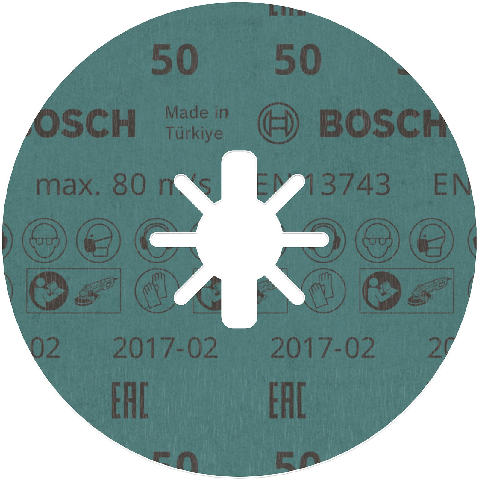 Disco abrasivo verde Bosch con foro centrale bianco a stella e testo.