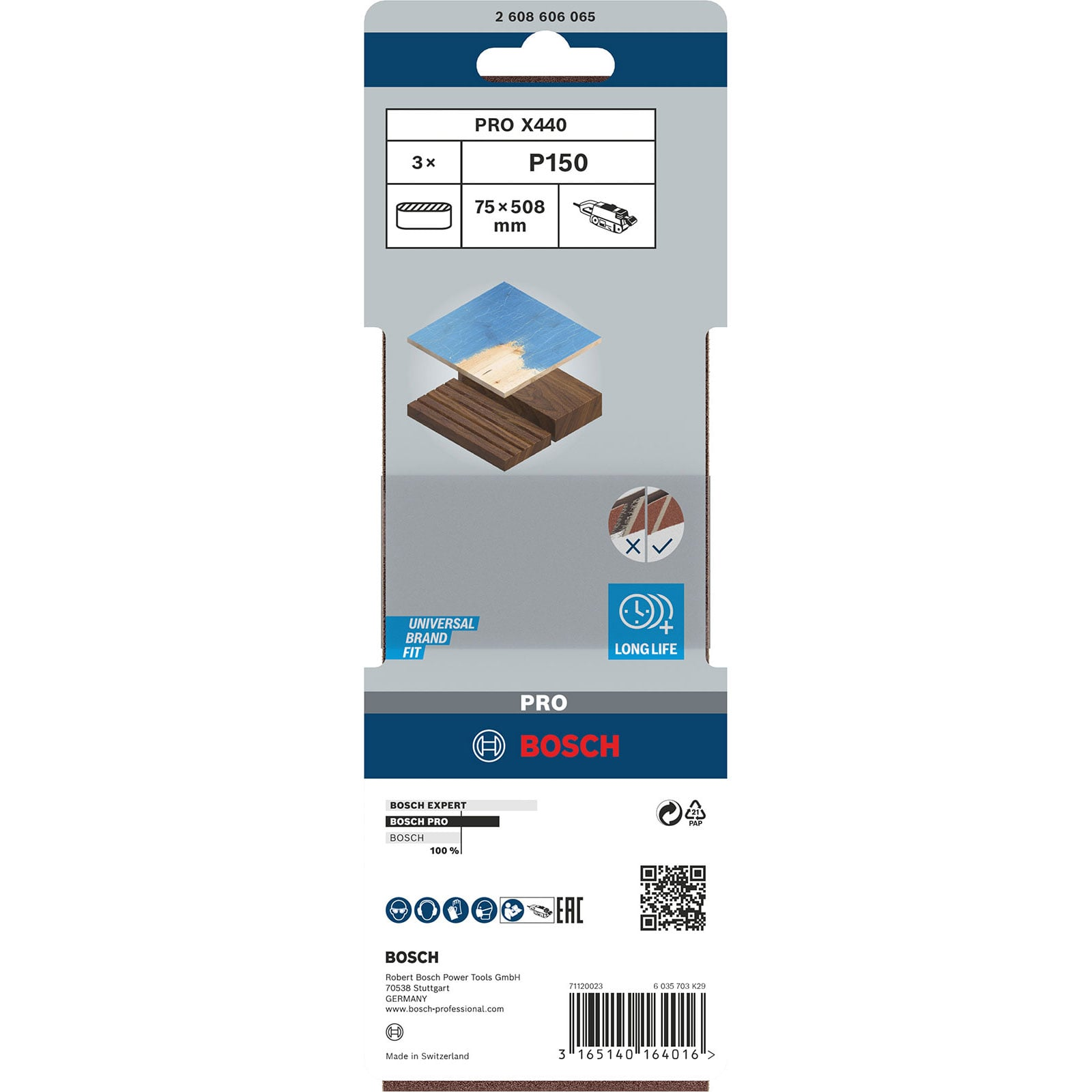 Bosch PRO X440 Schleifband Verpackung mit Spezifikationen, Anwendungssymbolen und Barcode auf weißem Hintergrund.