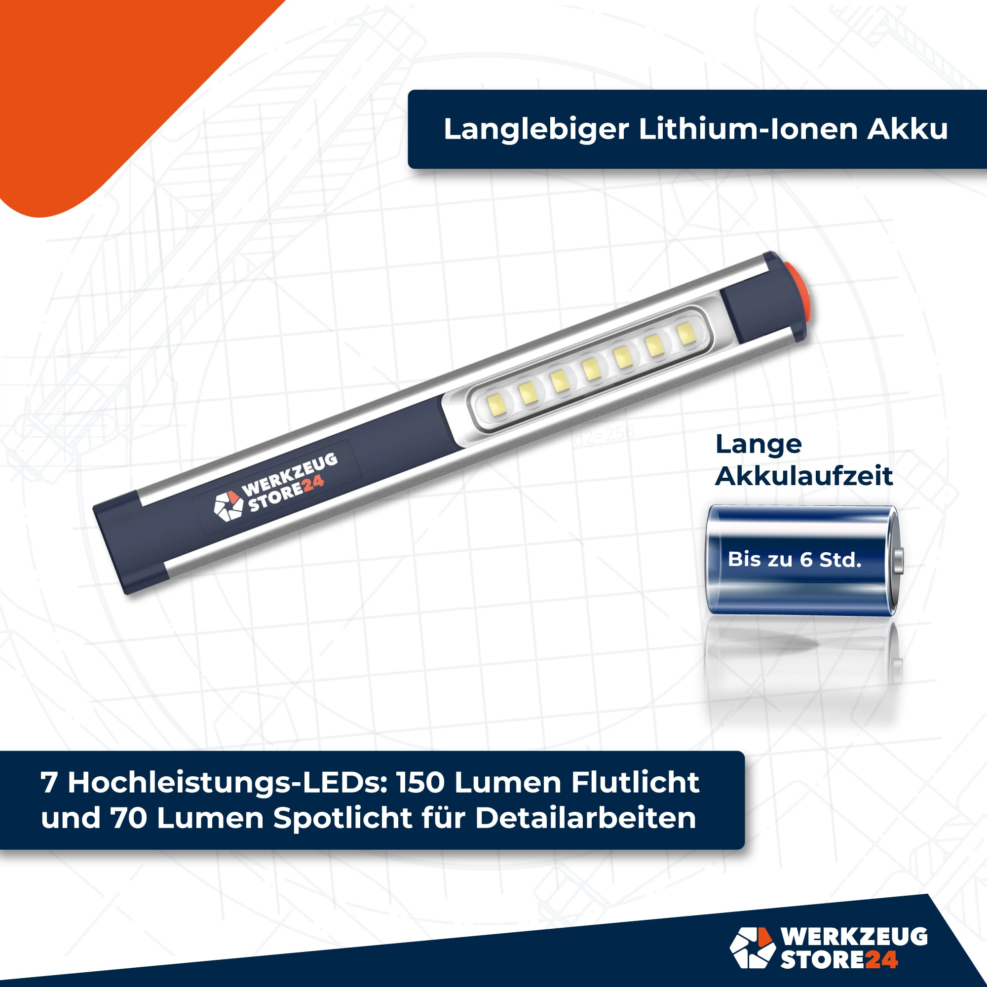Stiftlampe mit LEDs, Akku und Wertekennzeichnung vor technischem Hintergrund.
