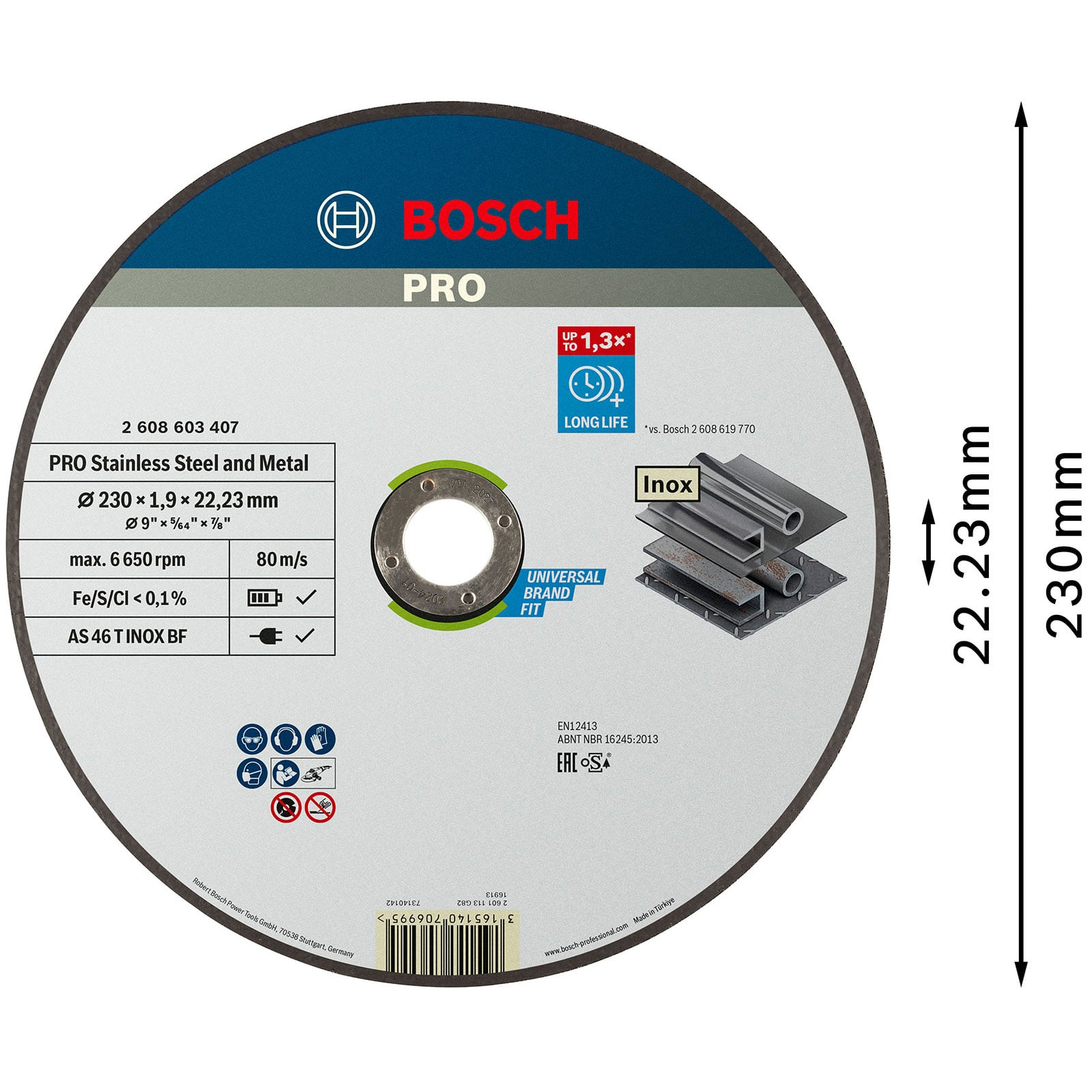 Bosch PRO Edelstahl- und Metallschruppscheibe mit 230 mm Durchmesser, 22,23 mm Bohrung und technischen Daten.