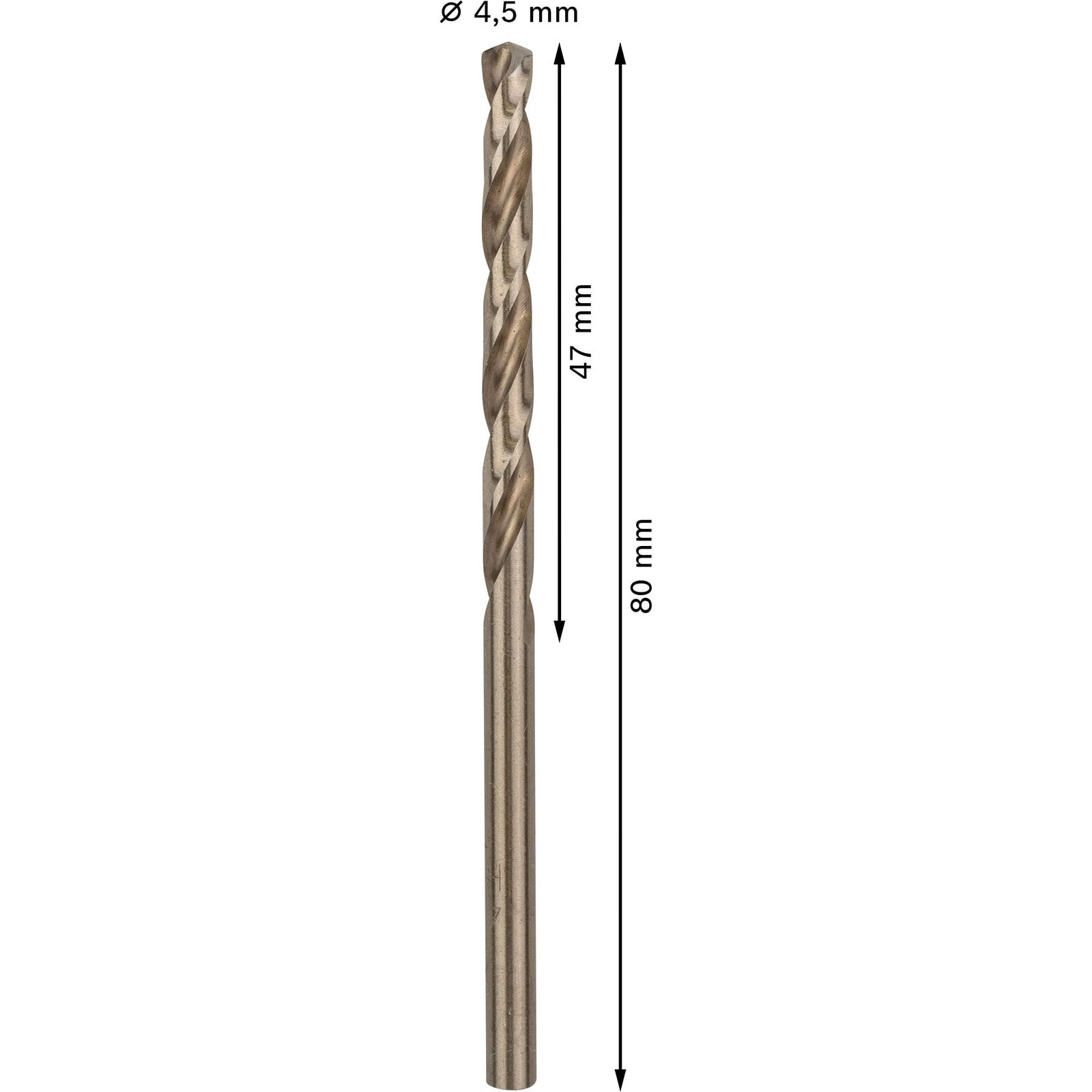 Ein 4,5 mm Spiralbohrer mit 47 mm Arbeitslänge und 80 mm Gesamtlänge auf weißem Hintergrund.