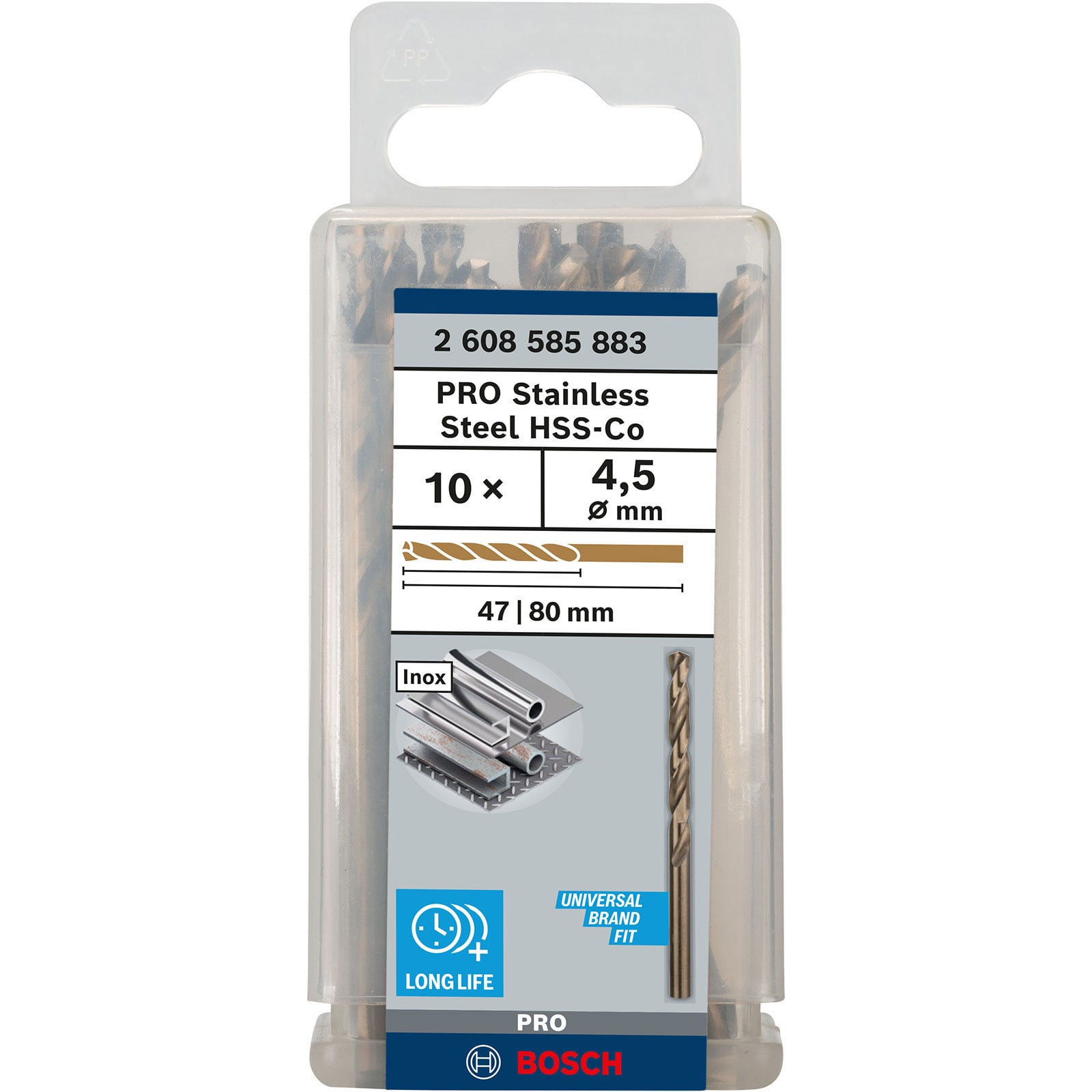 Eine Packung mit 10 Bosch PRO Stainless Steel HSS-Co Bohrern, Größe 4,5 mm.