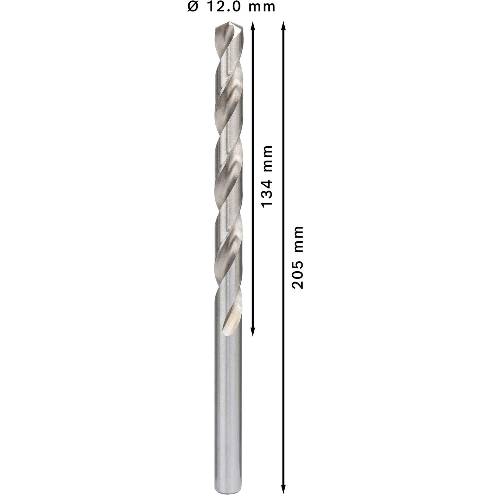 Silberner Spiralbohrer mit Maßangaben für Durchmesser (12,0 mm), Arbeitslänge (134 mm) und Gesamtlänge (205 mm).