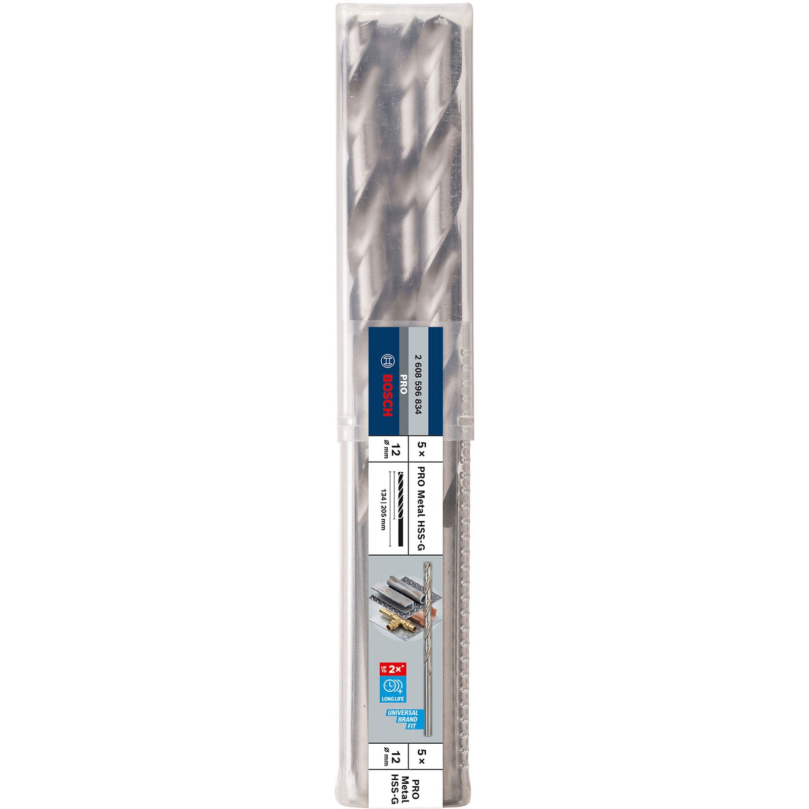 Fünf silberne Bosch HSS-G Metalldübelbohrer in einer transparenten Plastikverpackung mit Etikett.