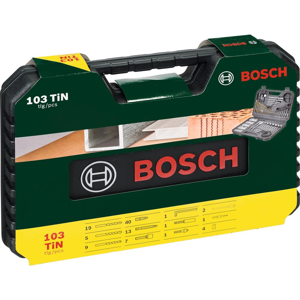 Ein schwarzer Bosch Werkzeugkoffer mit grünem und gelbem Etikett, der 103 Teile für Bohrarbeiten enthält.