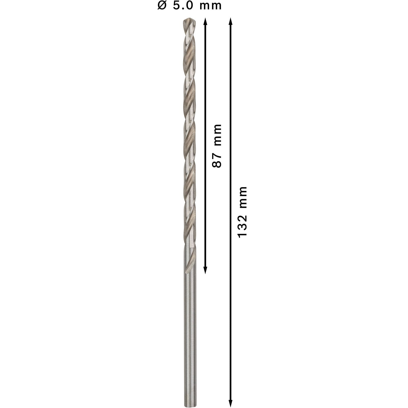 Technische Zeichnung eines 5.0 mm Spiralbohrers mit Maßen für Länge und Durchmesser.