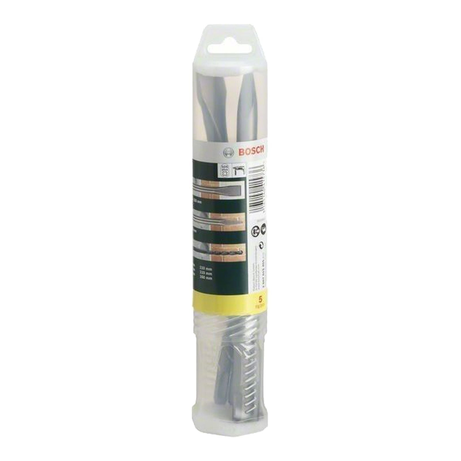 Eine Bosch-Verpackung mit verschiedenen Bohrmeißeln in einer transparenten Röhre vor weißem Hintergrund.