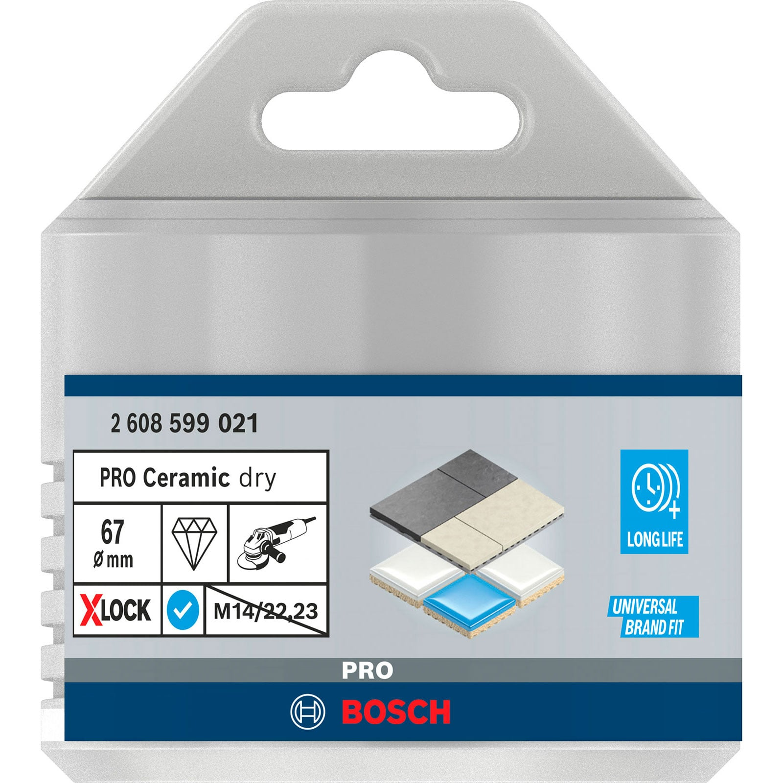 Graue Bosch PRO Ceramic dry Verpackung mit Produktdetails und blauer Marke.