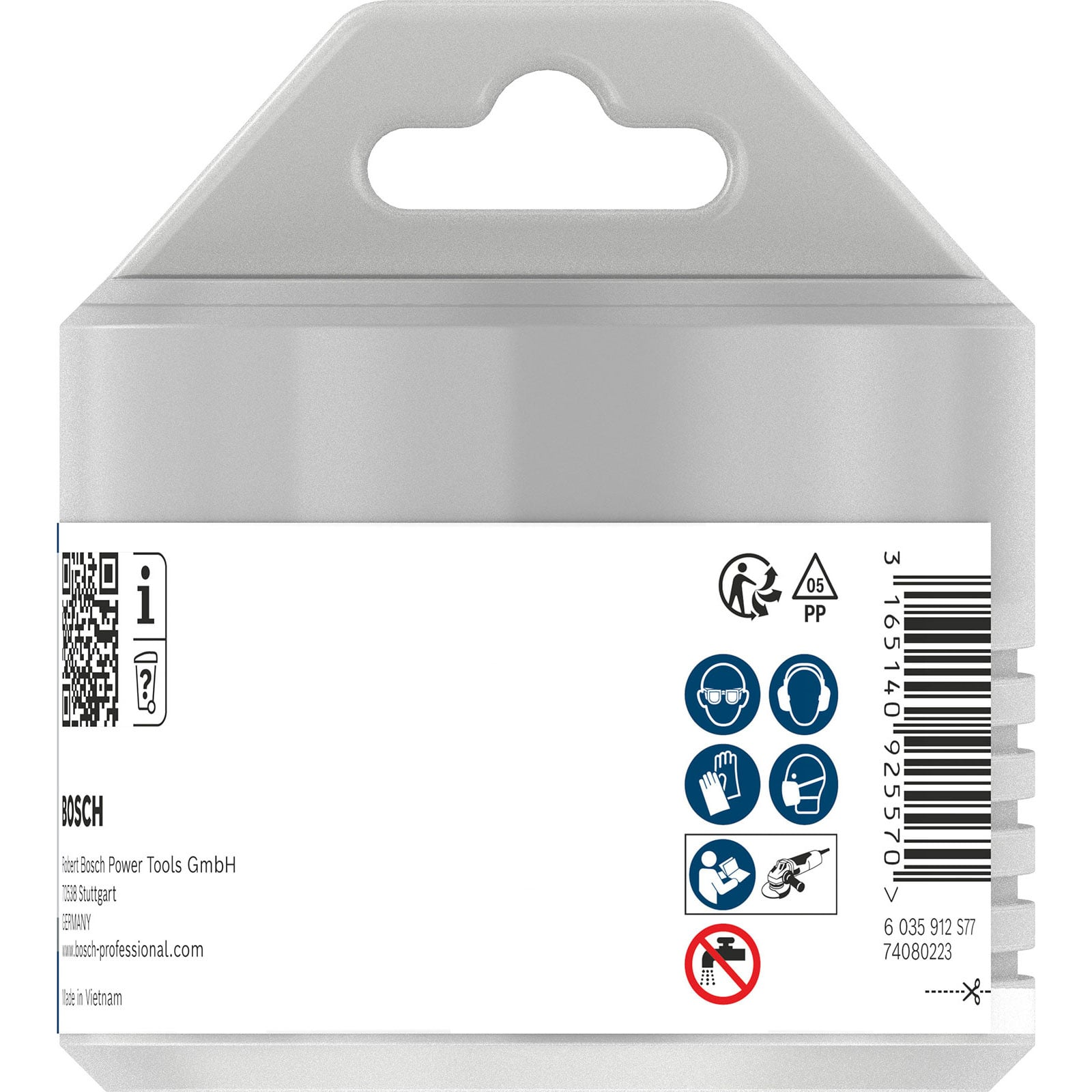 Graue Kunststoffverpackung mit weißem Etikett, Bosch-Logo, Barcode und Sicherheitssymbolen.