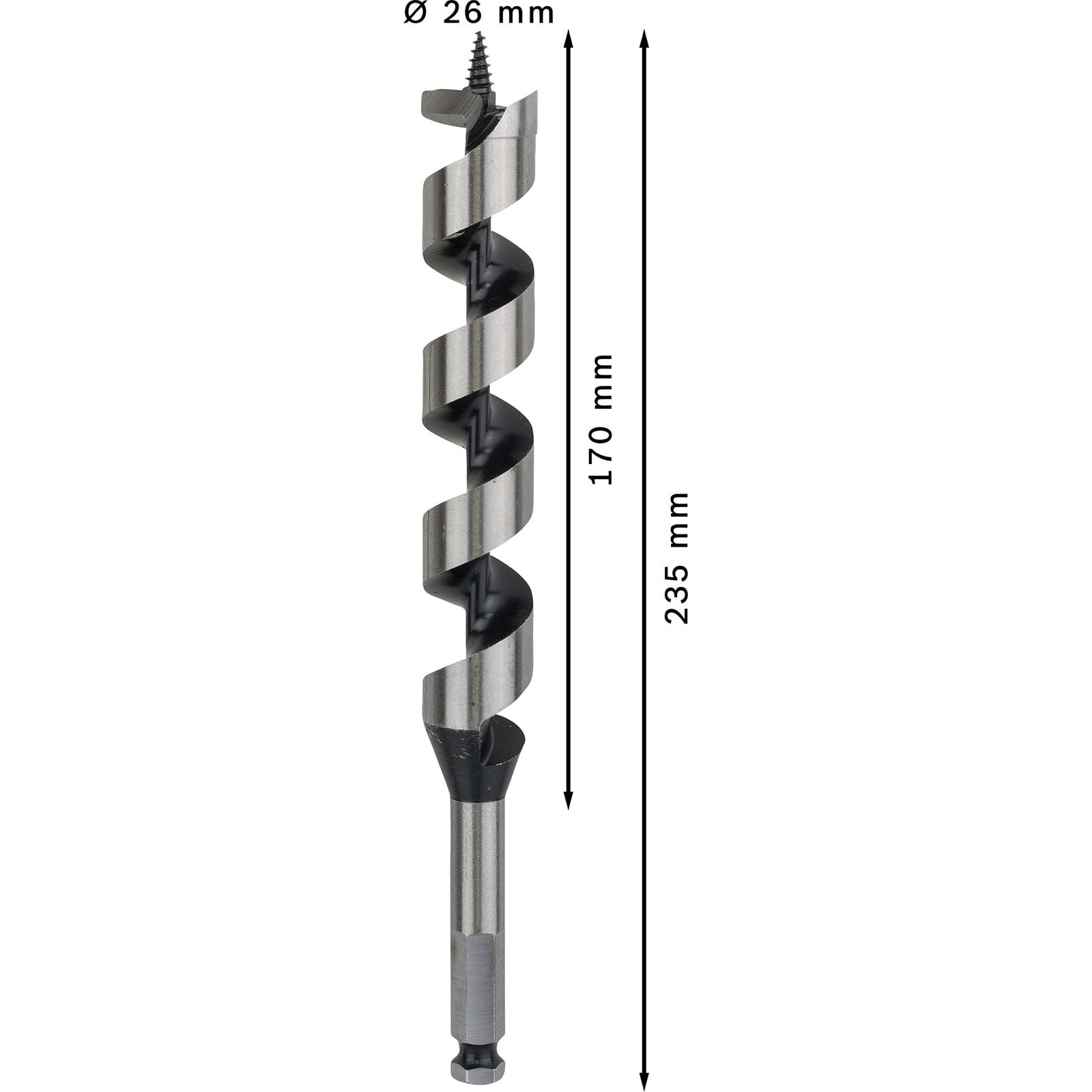 Ein 26 mm breiter Schlangenbohrer mit 235 mm Gesamtlänge auf weißem Hintergrund mit Maßen.