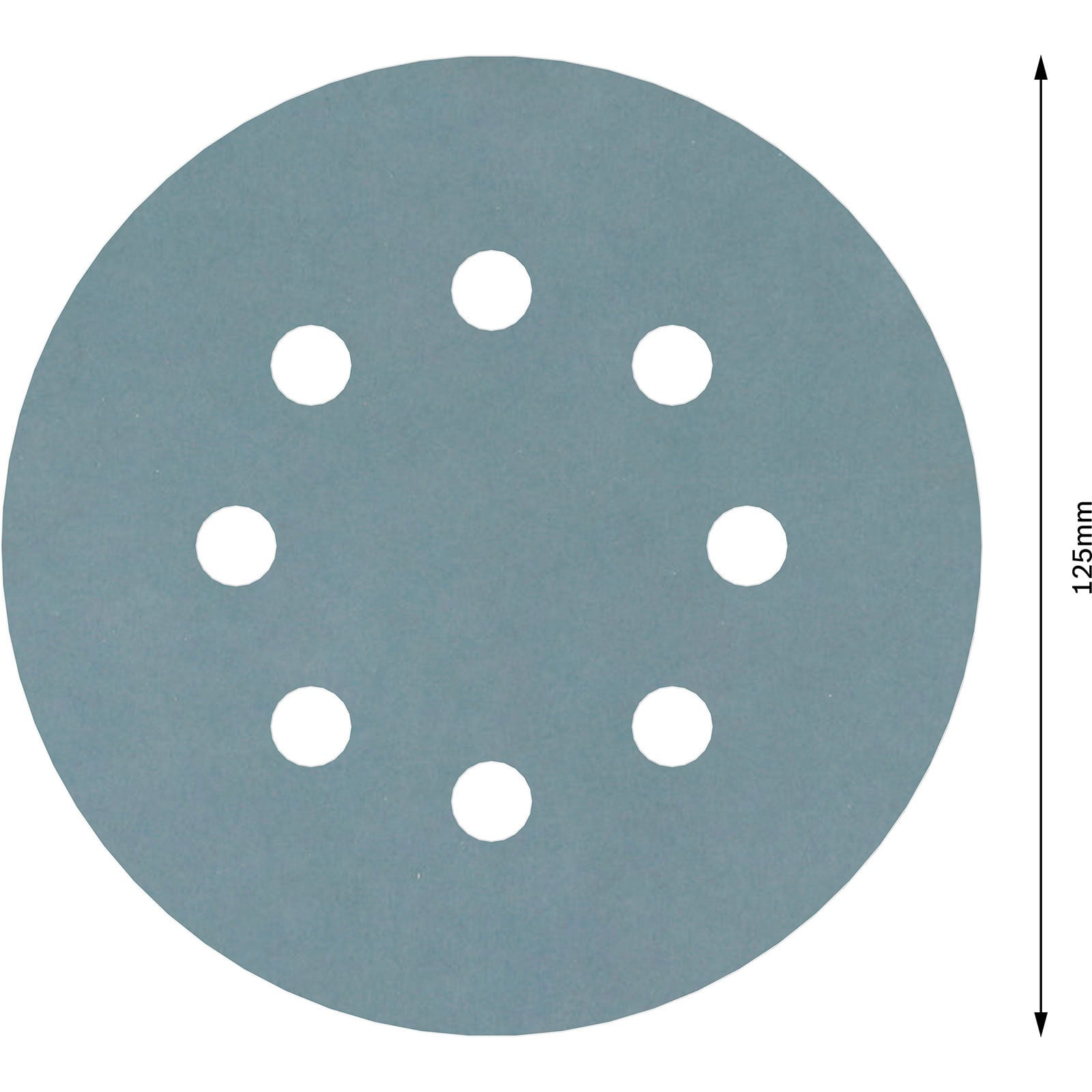 Ein grauer, kreisförmiger Schleifpapier-Kletteller mit einem Durchmesser von 125mm und acht Absauglöchern.