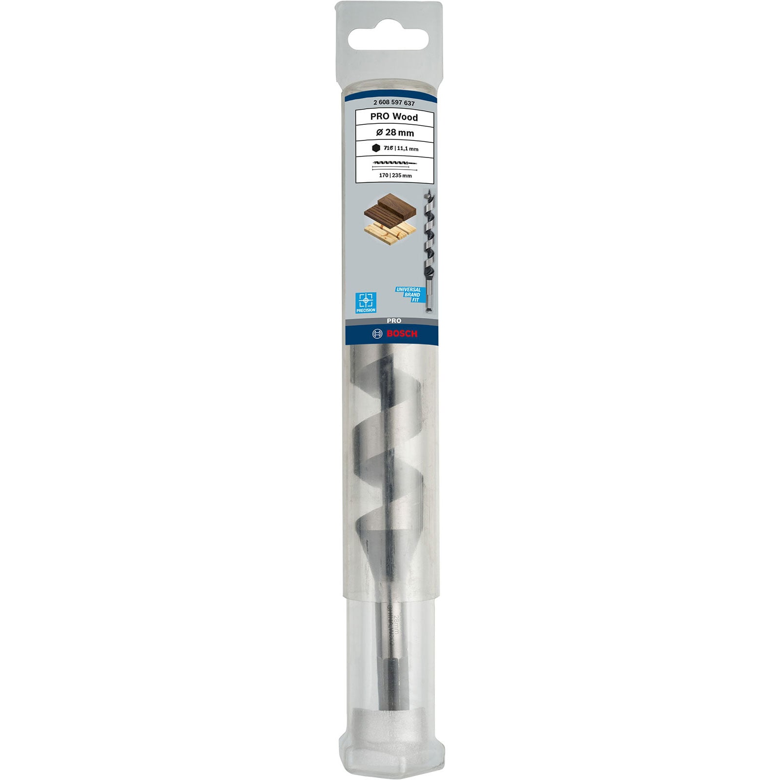 Bosch PRO Wood Holzspiralbohrer 28mm in transparenter Kunststoffverpackung.