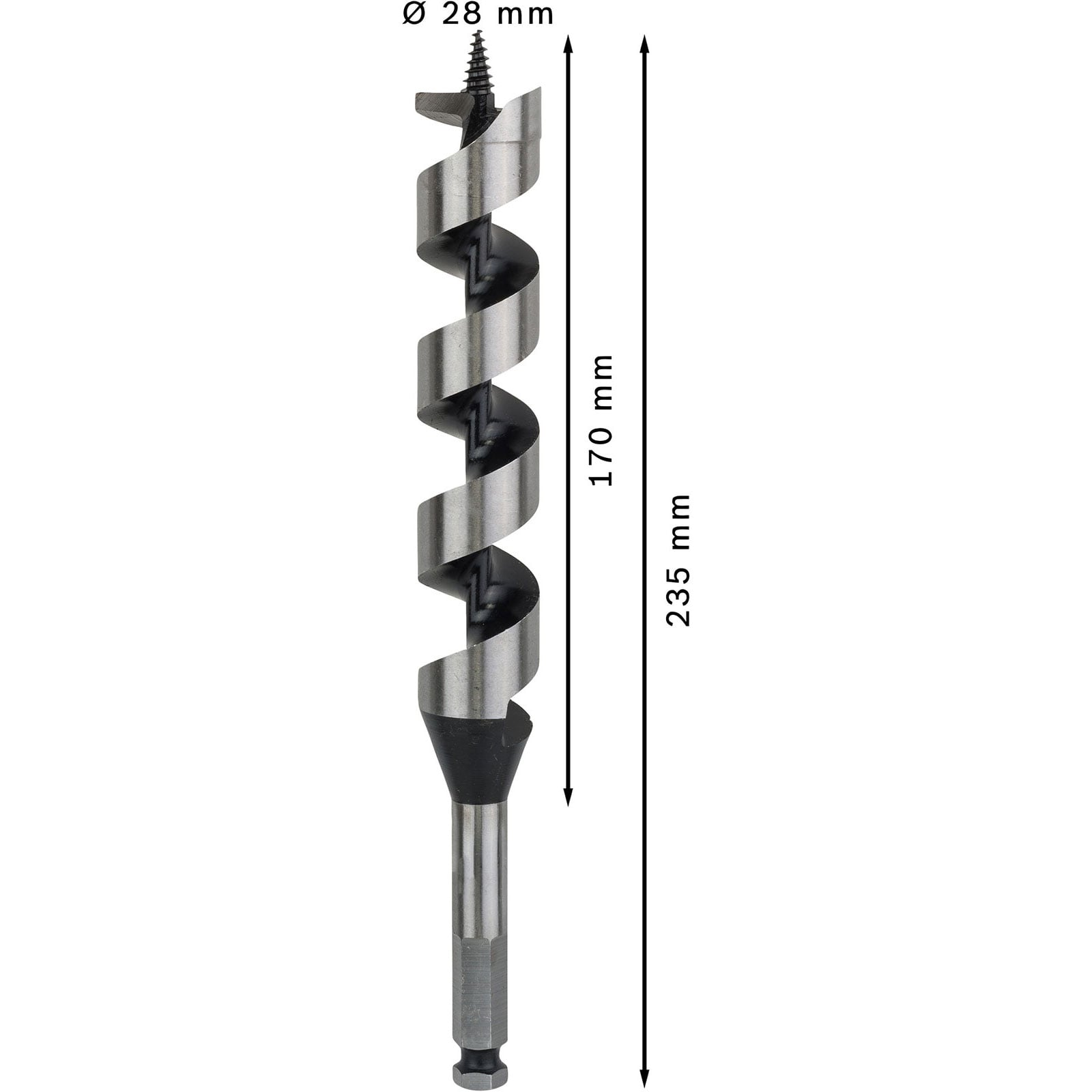 Metallbohrer mit 28 mm Durchmesser, 170 mm Arbeitslänge und 235 mm Gesamtlänge auf weißem Hintergrund.