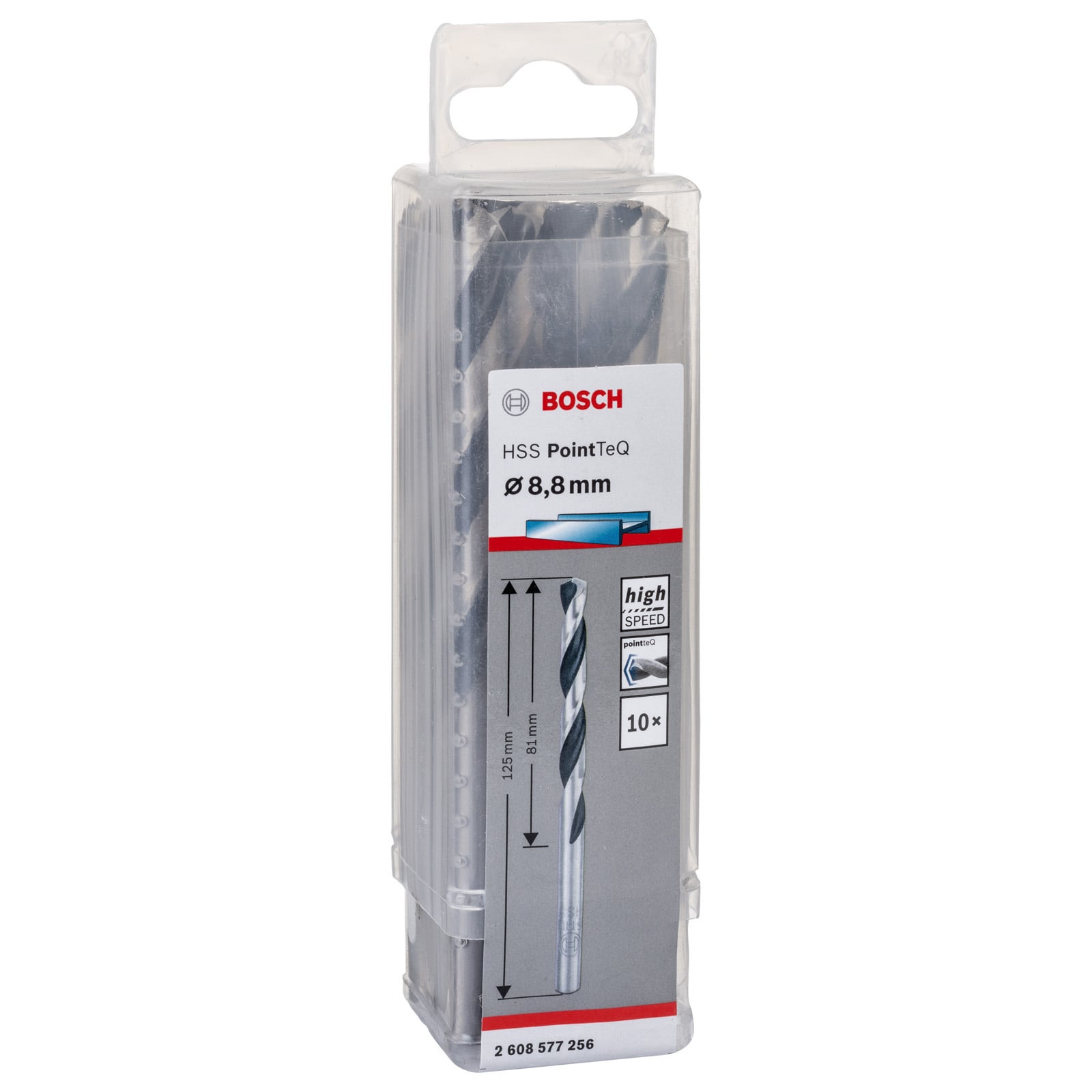 Eine klare Kunststoffverpackung mit zehn Bosch HSS PointTeQ 8,8 mm Metallbohrern mit weiß-rotem Etikett.