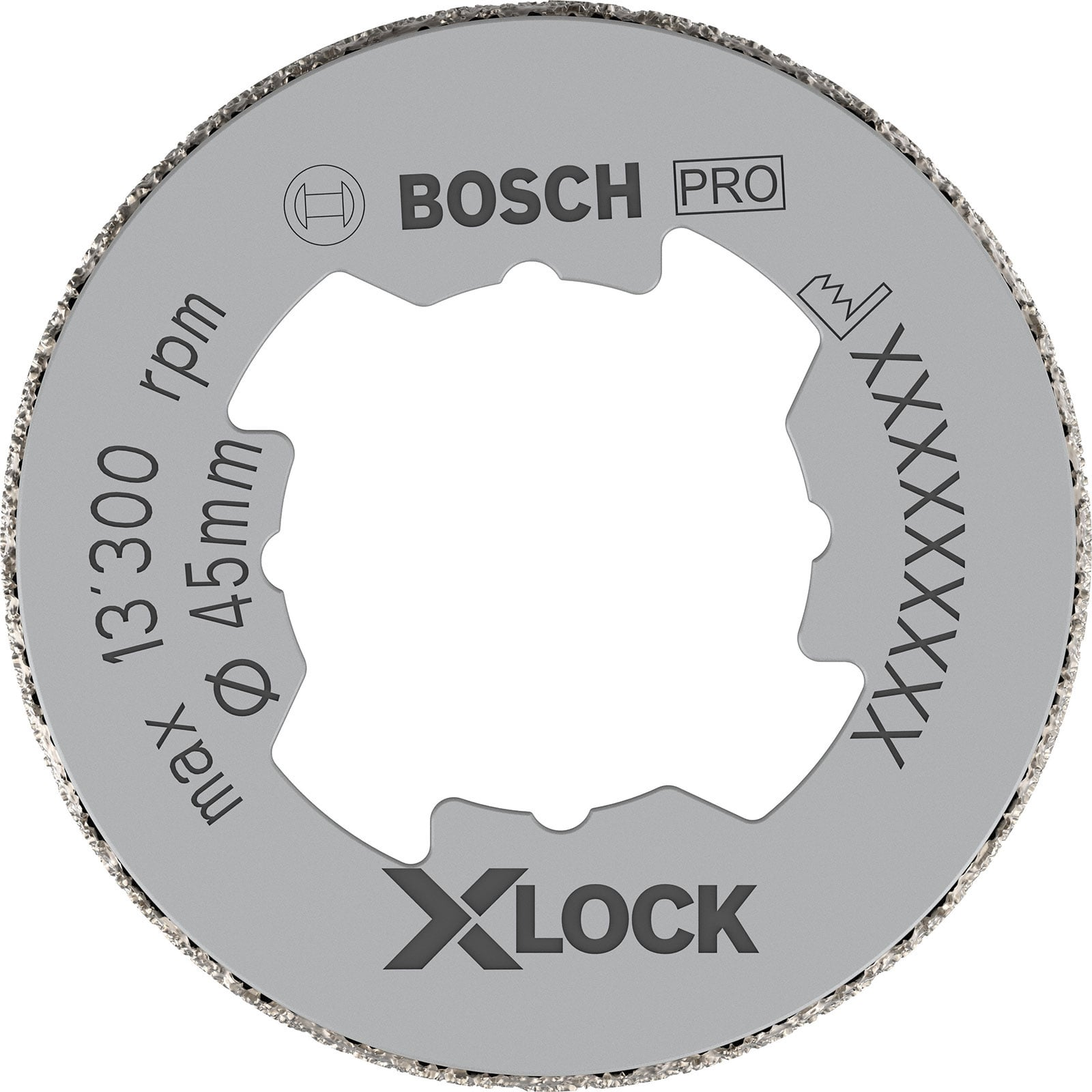 Eine graue Bosch Pro X-Lock Diamanttrennscheibe mit textlichen Markierungen und einem speziellen Mitteloch.