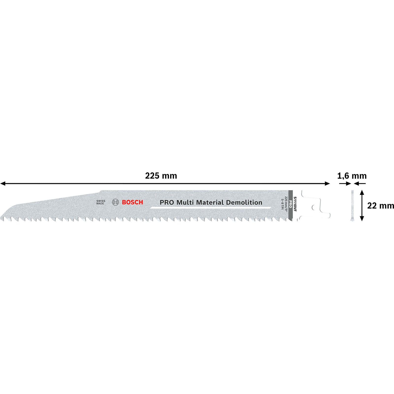 Brzeszczot do pił szablastych Bosch PRO Multi Material Demolition, długość 225 mm, z wymiarami długości, grubości i wysokości.