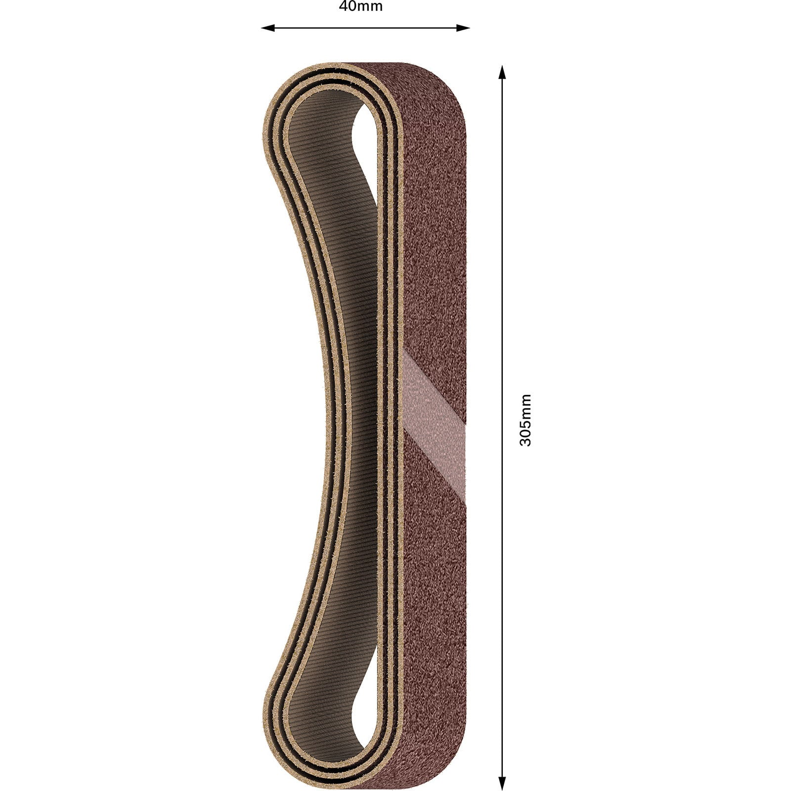 Braunes Schleifband mit 40 mm Breite und 305 mm Länge vor weißem Hintergrund.