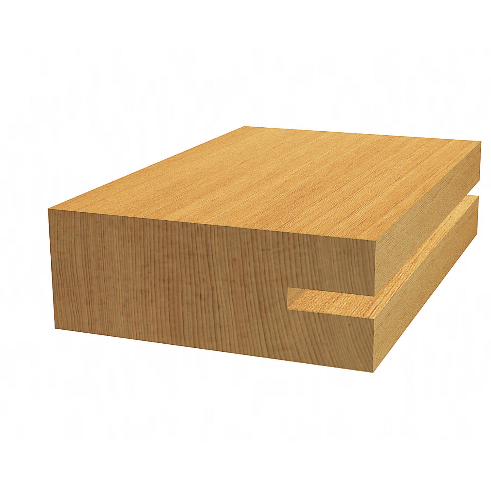 Un blocco di legno rettangolare con una scanalatura orizzontale su un lato su sfondo bianco.