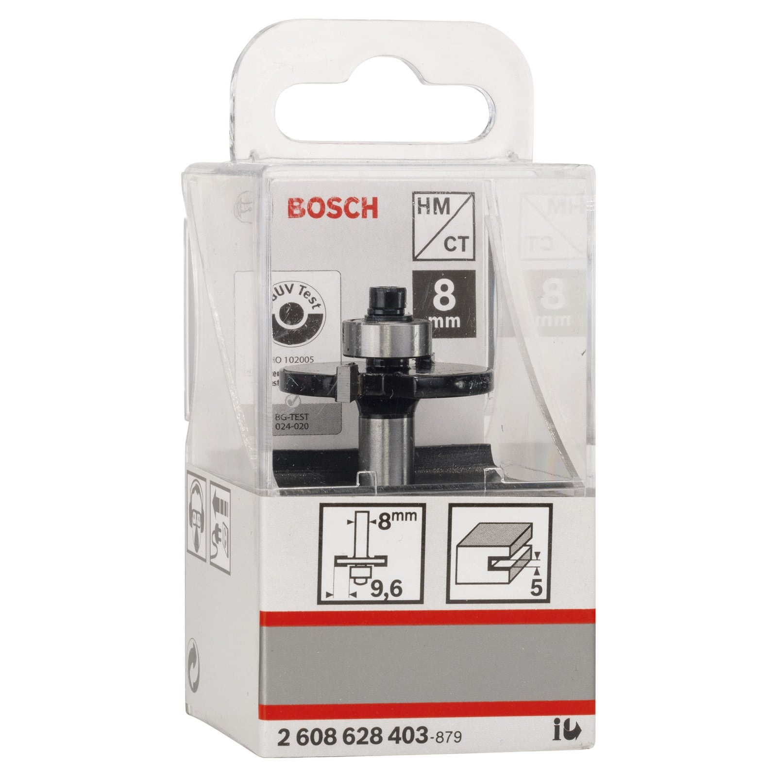 Una fresa per legno Bosch in una confezione di plastica trasparente con misure e dettagli.
