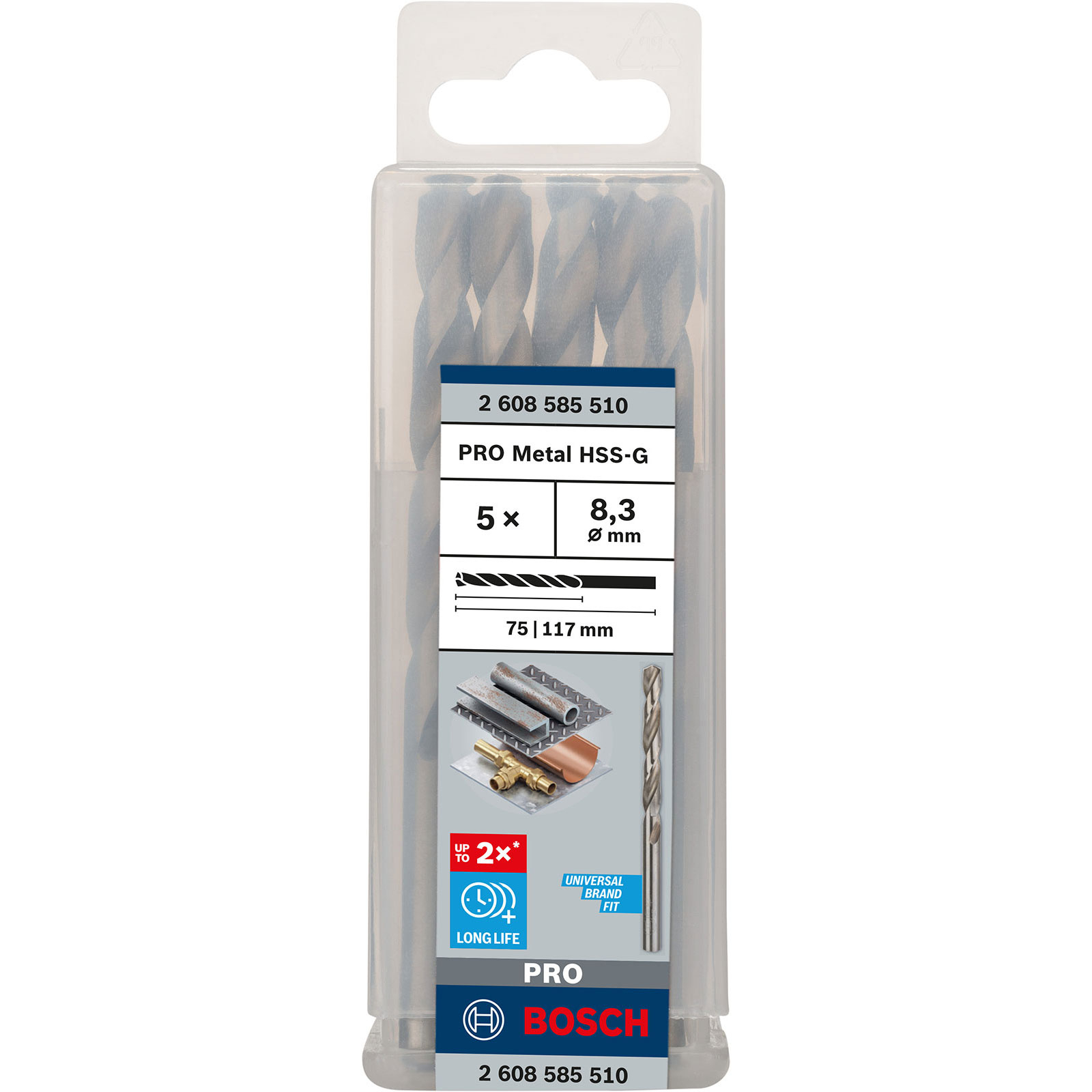 Eine transparente Plastikbox mit fünf Bosch PRO Metal HSS-G Spiralbohrern, Größe 8,3 mm, vor weißem Hintergrund.