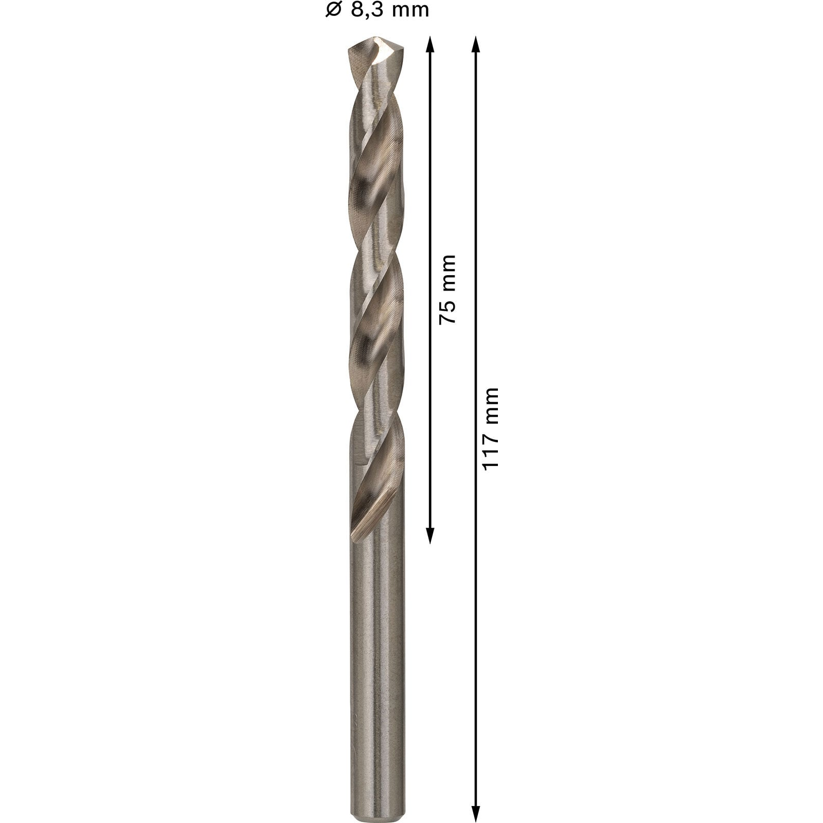 Metallbohrer mit 8,3 mm Durchmesser, 75 mm Spiral- und 117 mm Gesamtlänge.