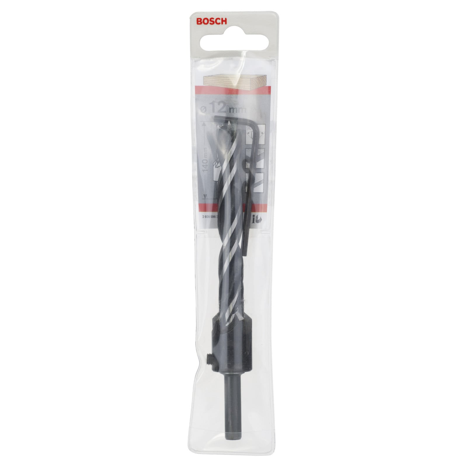 Bosch Bohrer in Verpackung mit integriertem Inbusschlüssel.