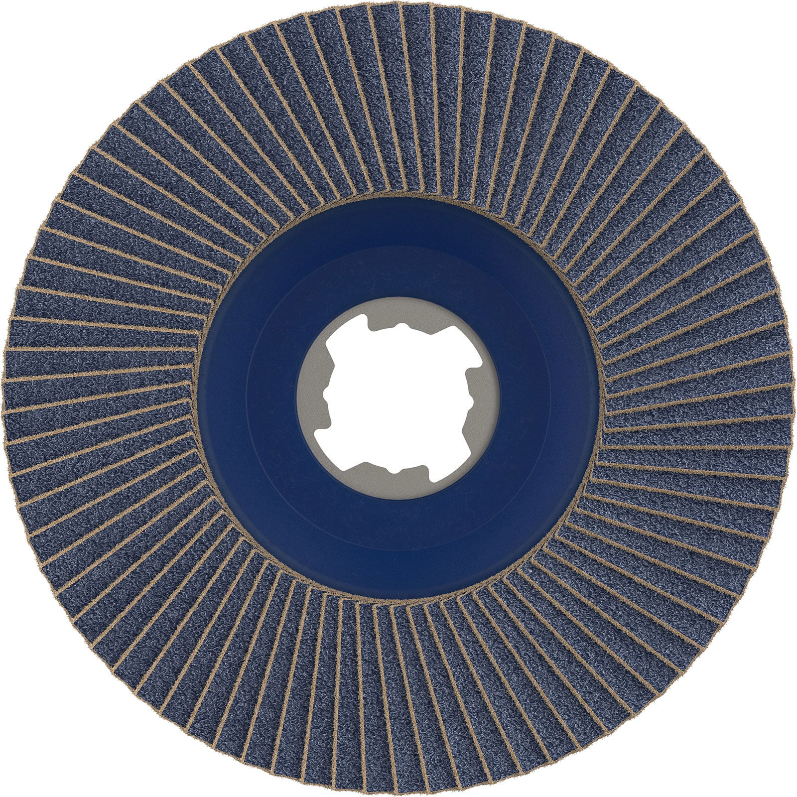 Disco lamellare blu con strisce abrasive marroni e foro centrale su sfondo bianco.