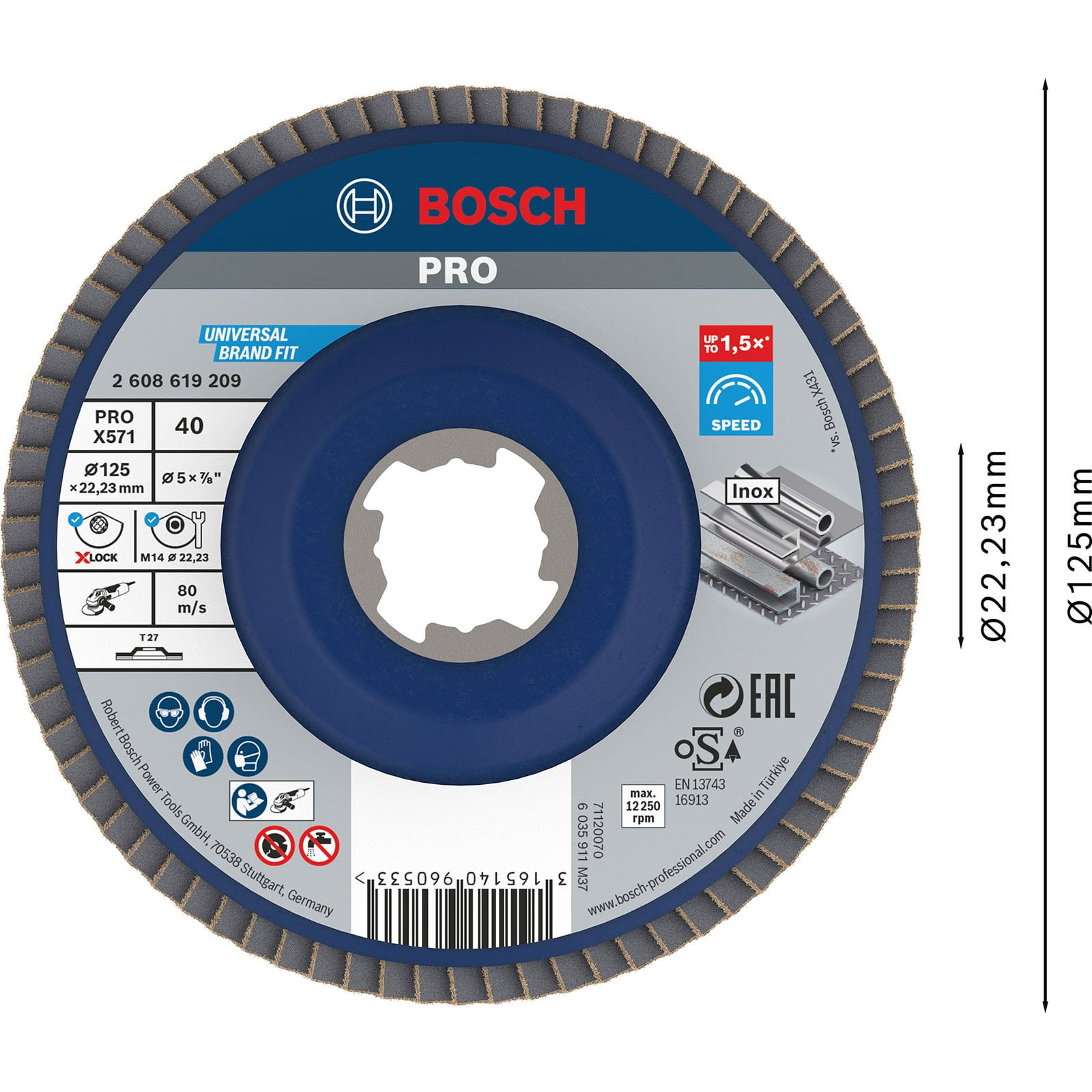 Disco lamellare Bosch PRO blu con etichette tecniche e dimensioni 125x22,23 mm.
