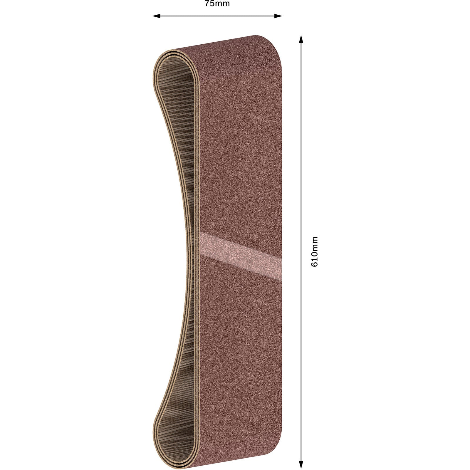 Braunes Schleifband, 75mm breit und 610mm lang, mit Maßangaben.