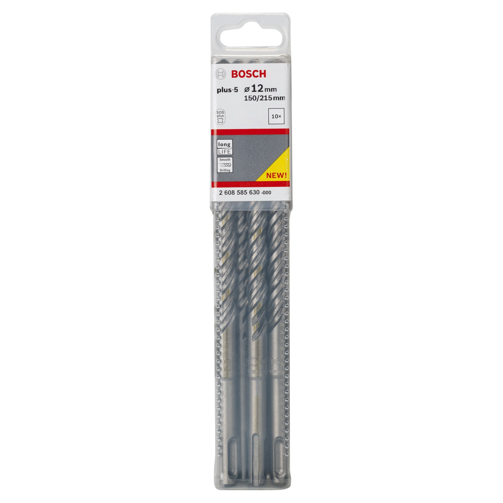 Verpackung mit zehn Bosch plus-5 SDS plus Bohrern, 12 mm Durchmesser, 150/215 mm Länge.