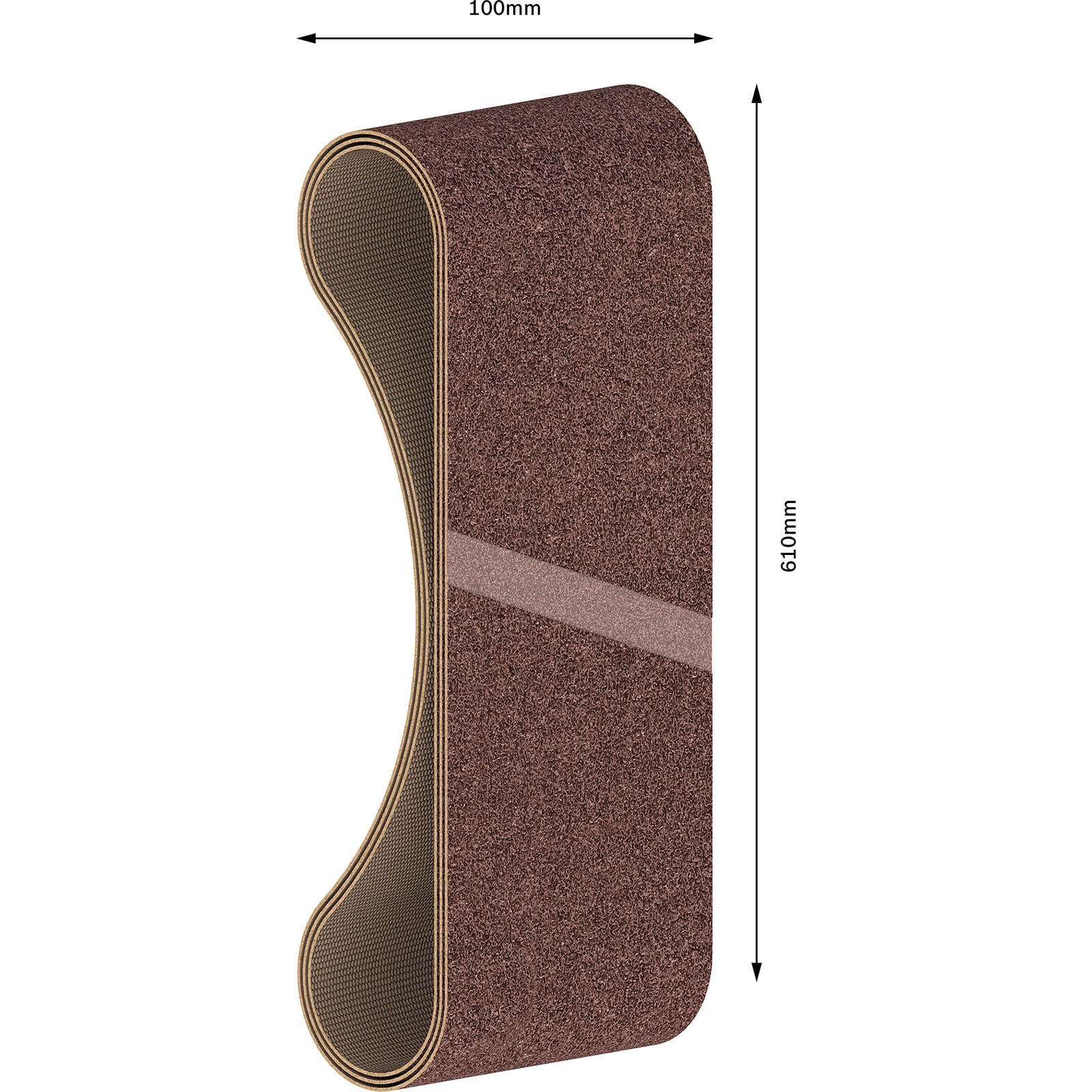 Braunes Schleifband, 100 mm breit und 610 mm lang, vertikal mit Maßpfeilen dargestellt.