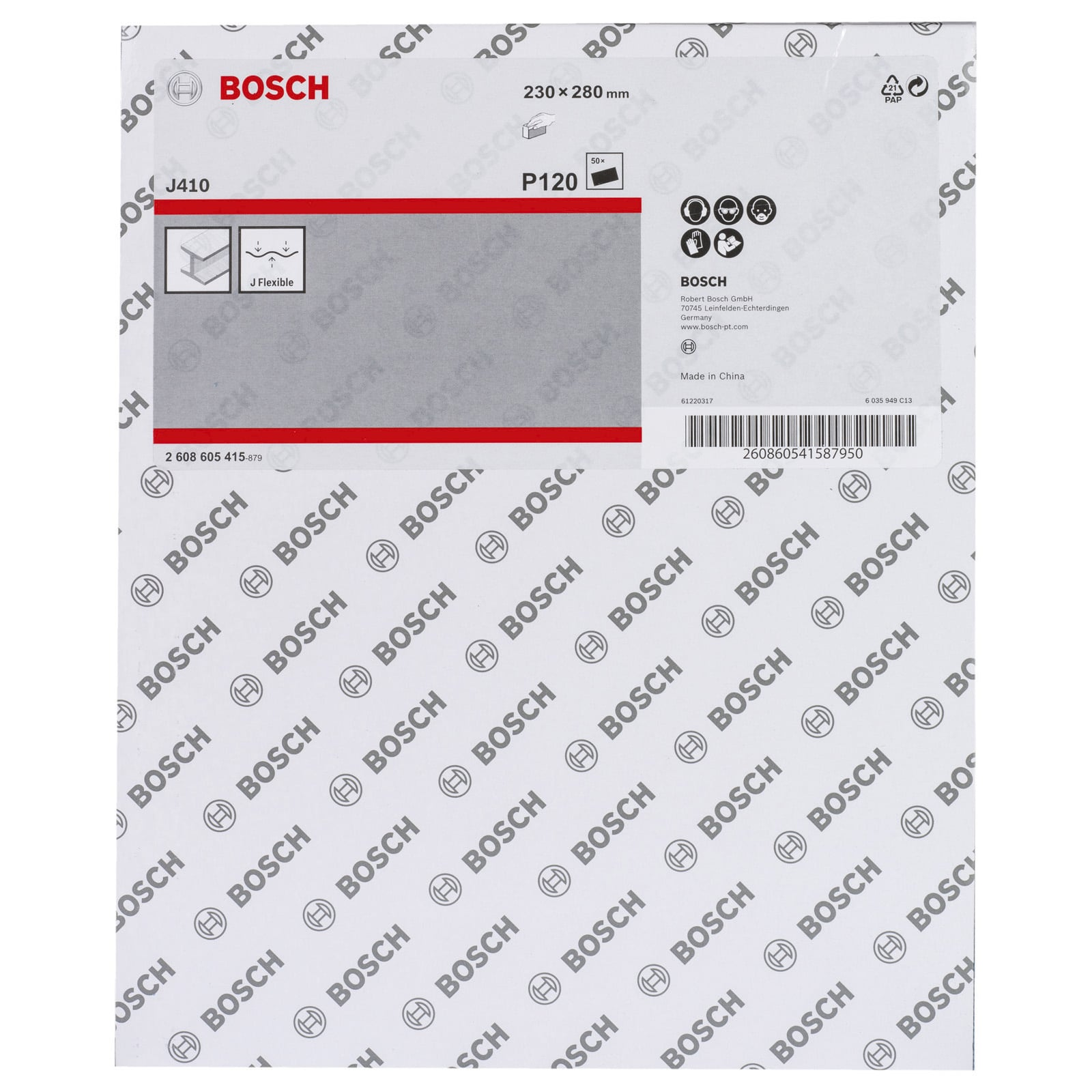 Bosch Schleifpapierverpackung mit rotem Logo, Maßangaben und Sicherheitssymbolen.