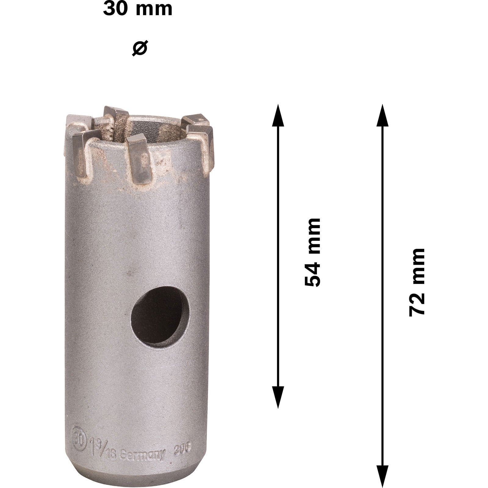 Metallbohrer mit 30 mm Durchmesser, 54 mm und 72 mm Maßangaben.