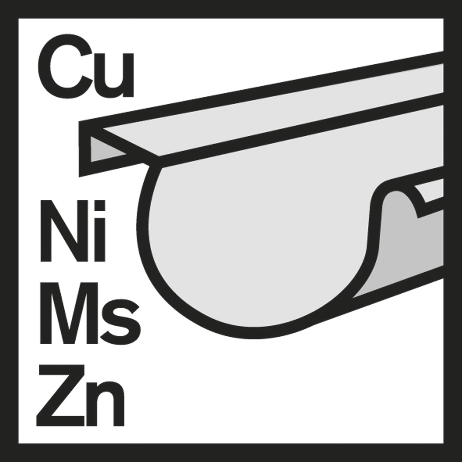Symbol für Dachrinne mit chemischen Elementen Cu, Ni, Ms, Zn links.