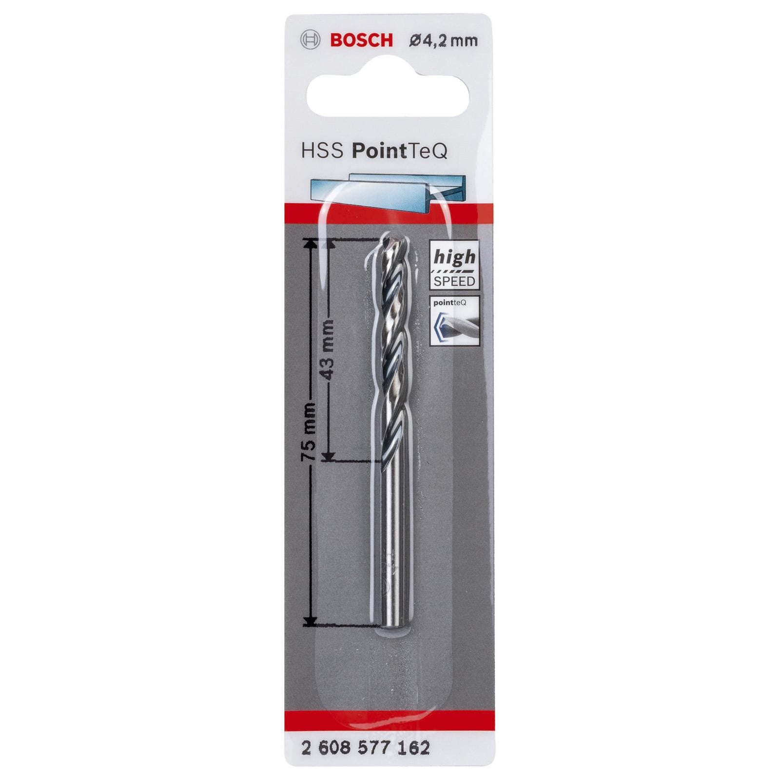 Ein Bosch HSS PointTeQ 4,2 mm Spiralbohrer in Originalverpackung.