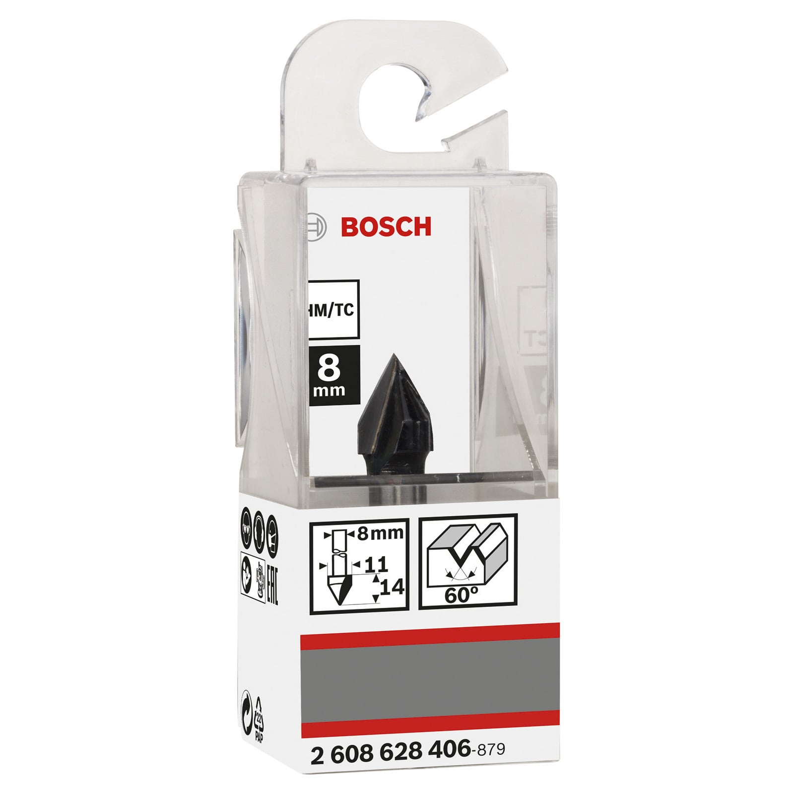 Bosch 8mm HM/TC Fräser in transparenter Verpackung mit weißem Etikett.