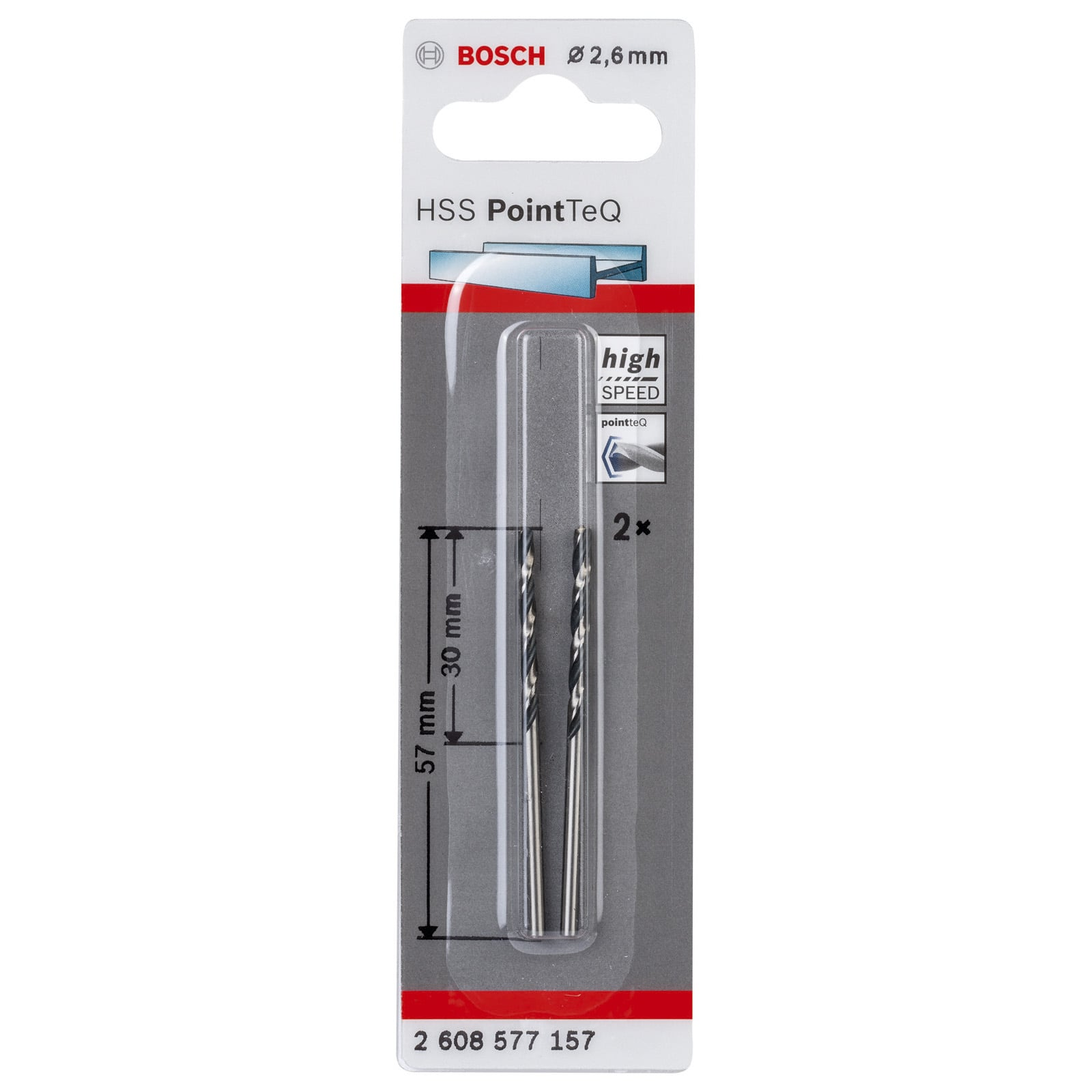 Packung mit zwei Bosch HSS PointTeQ Metallspiralbohrern, Durchmesser 2,6 mm, in Originalverpackung.