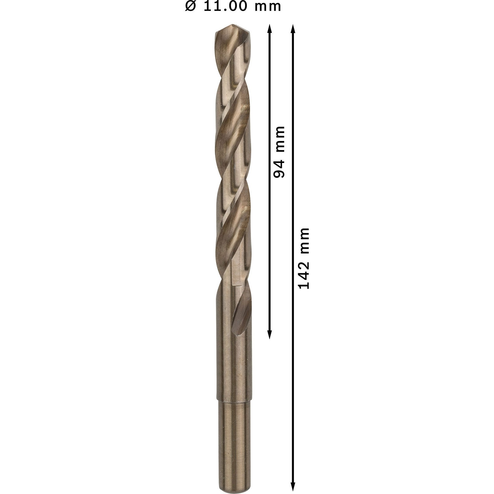 Ein bronzefarbener Spiralbohrer mit Maßangaben von 11 mm Durchmesser, 94 mm Spiral- und 142 mm Gesamtlänge.