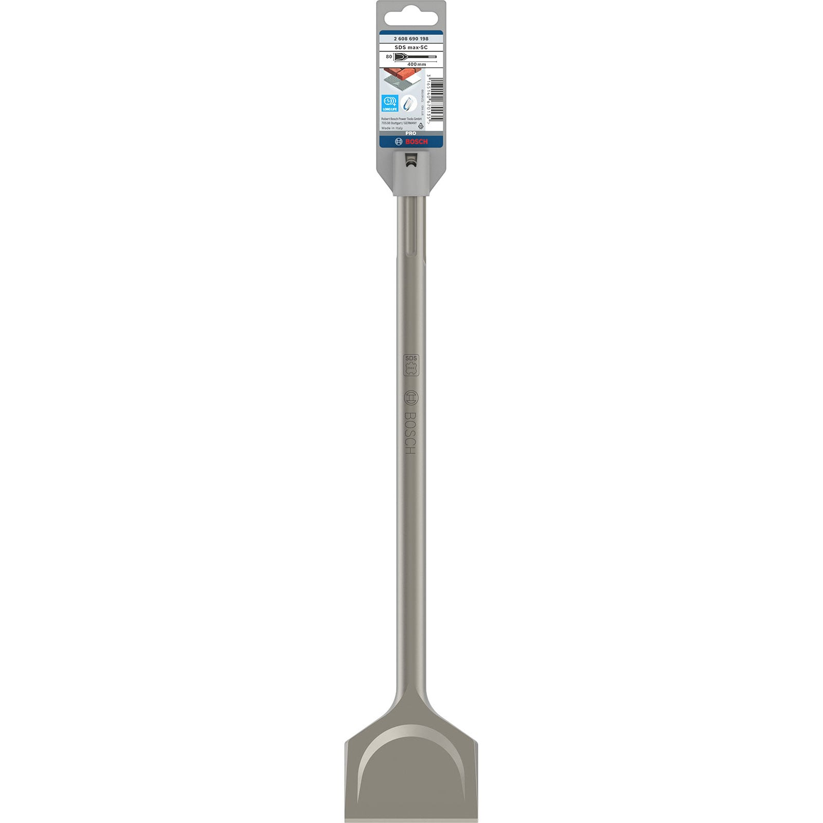 Ein silberner Bosch SDS-max Flachmeißel mit angehängtem Pappetikett auf weißem Hintergrund.