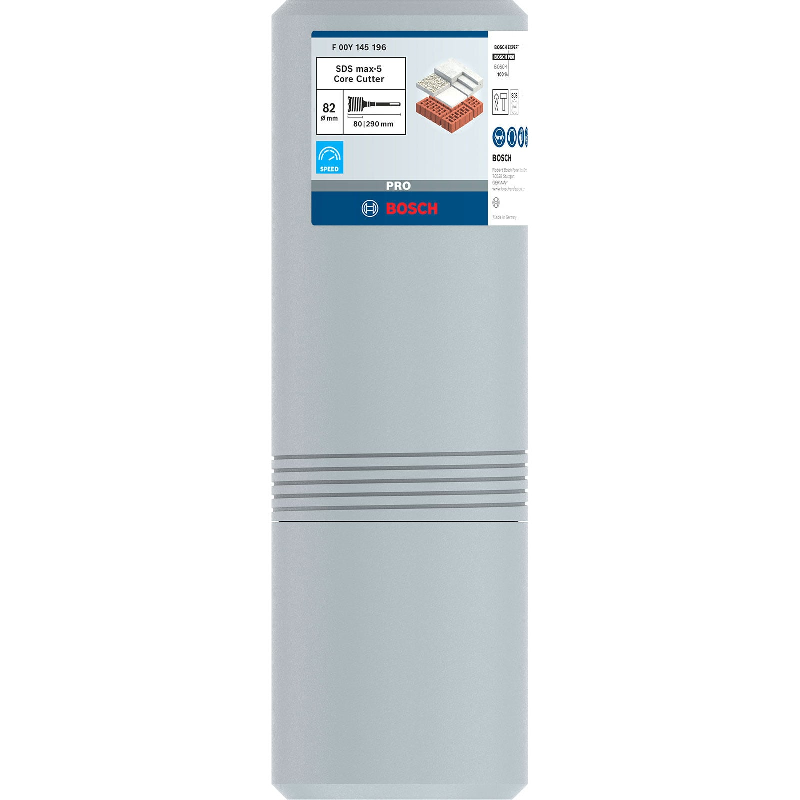 Graue Bosch Verpackungshöhle mit Produktetikett für SDS max-5 Dosenbohrer und Bosch-Logo.