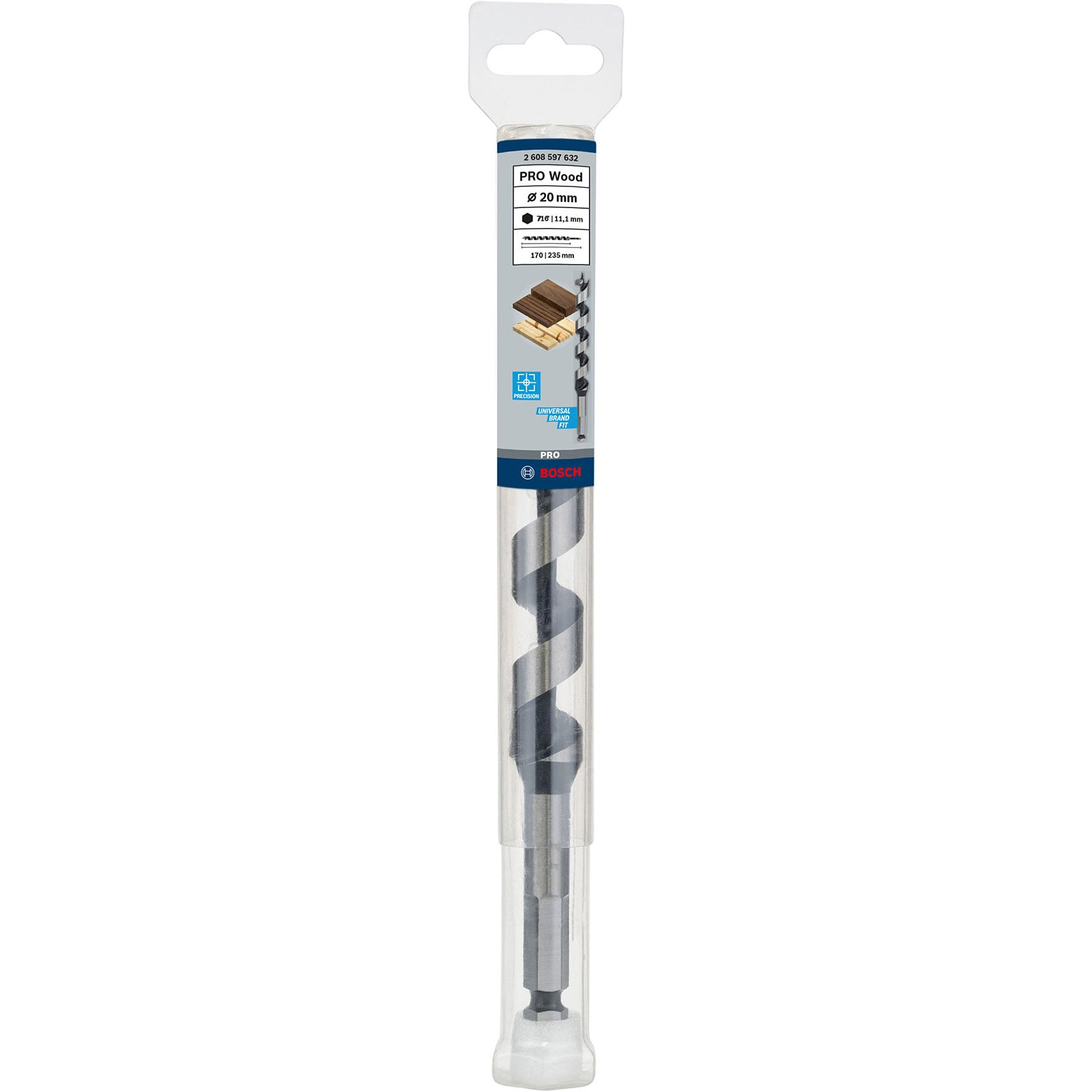 Eine Bosch PRO Wood 20 mm Holzbohrmaschine in transparenter Verpackung.