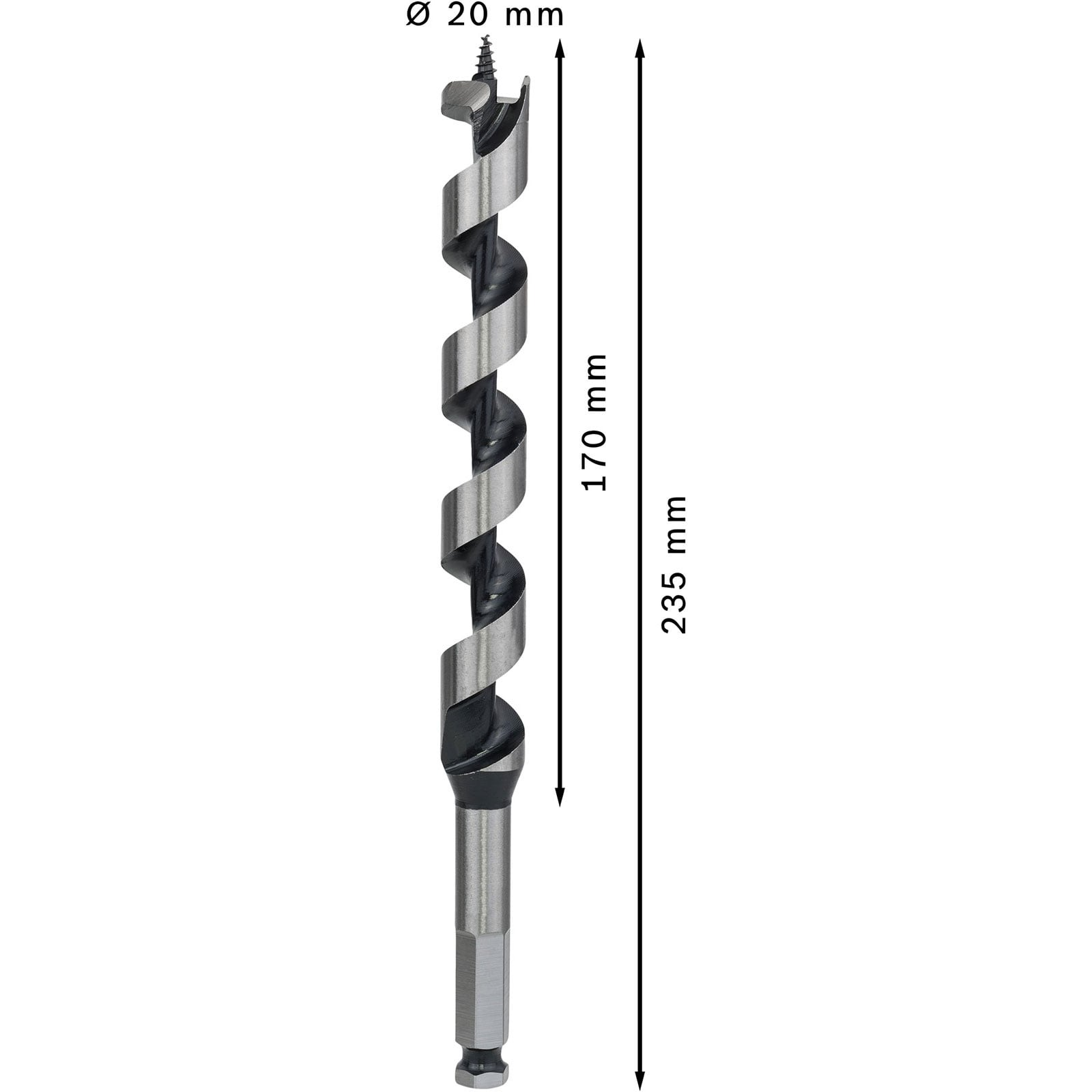 Ein langer Schlangenbohrer mit den Maßen 20 mm Durchmesser, 170 mm Arbeitslänge und 235 mm Gesamtlänge auf weißem Grund.